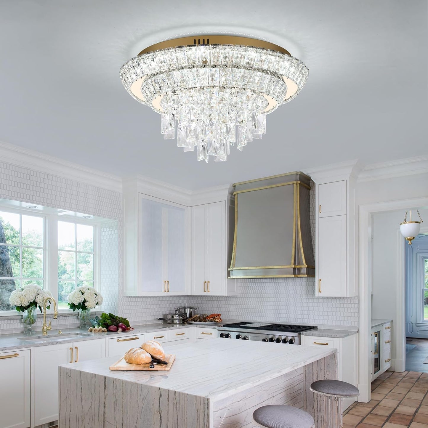 18 inch Crystal Gold Ceiling-Light Flush Mount with Remote Control and APP, 3CCT Dimmable & Brightness Adjustable, Modern Crystal Raindrop Chandeliers for Bedroom Hallway Dinning Room Living Room