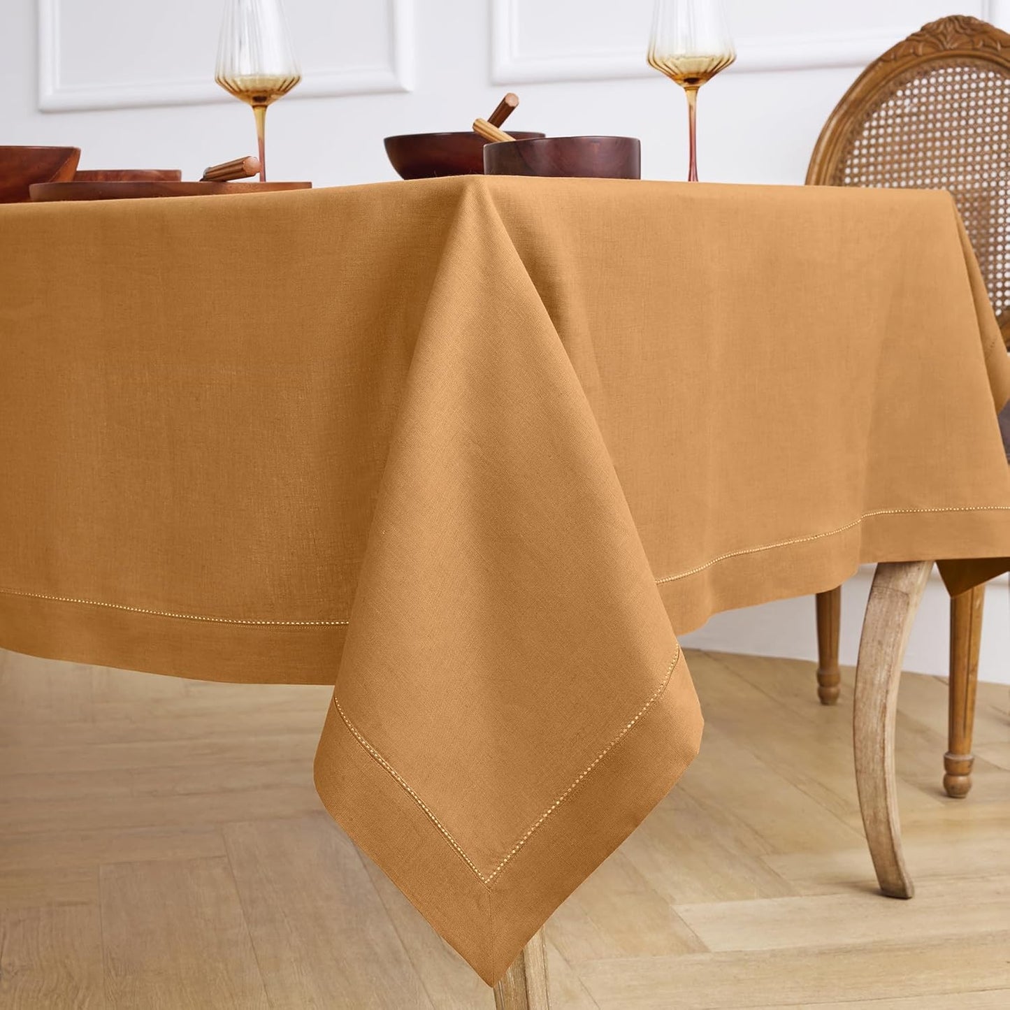 Solino Home Brown Sugar Linen Tablecloth 60 x 90 Inch - Classic Hemstitch, 100% Pure Linen Rectangular Tablecloth - Machine Washable Table Cloth for Fall, Autumn, Thanksgiving