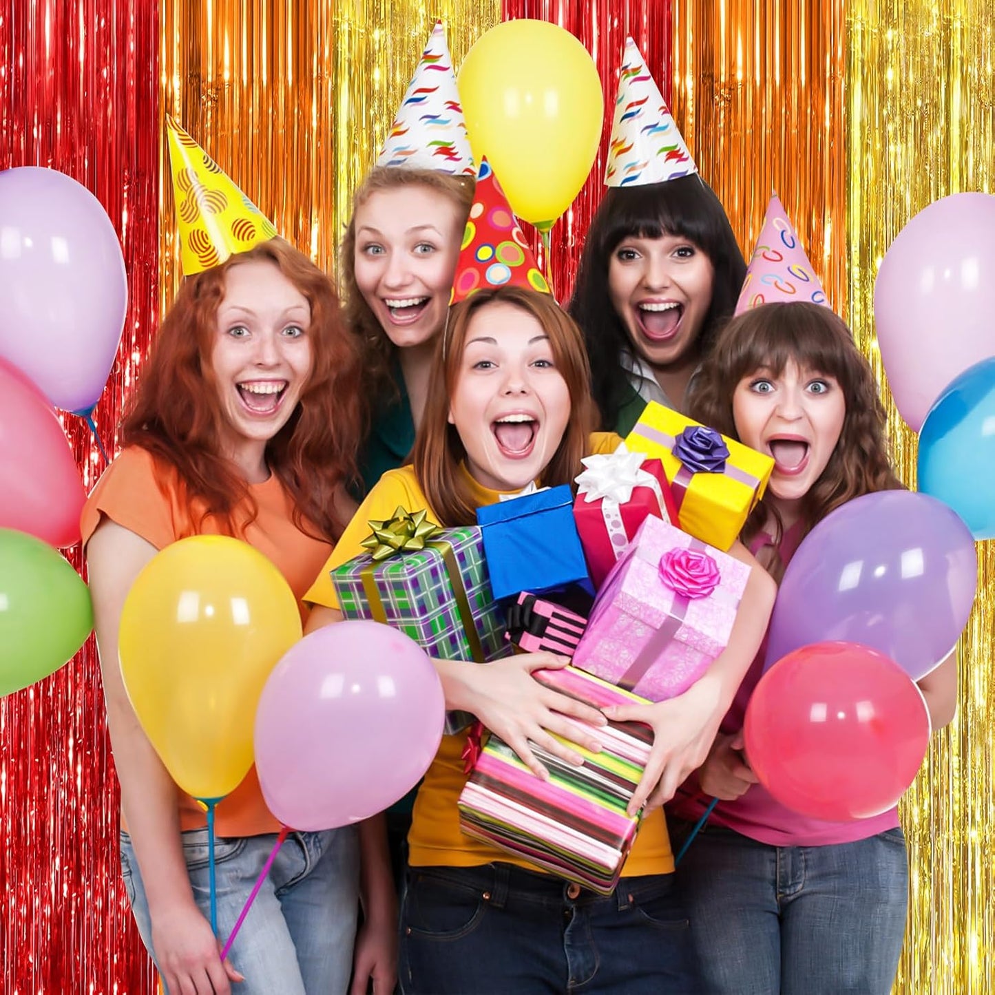 red orange gold Fringe Curtain Party Streamers 2Pack 3.3 x 8.3 Ft Foil Fringe Backdrop Curtains for Birthday Wedding Bridal Baby Shower Holiday Tinsel Streamers Rainbow Party Decorations Door Streamer