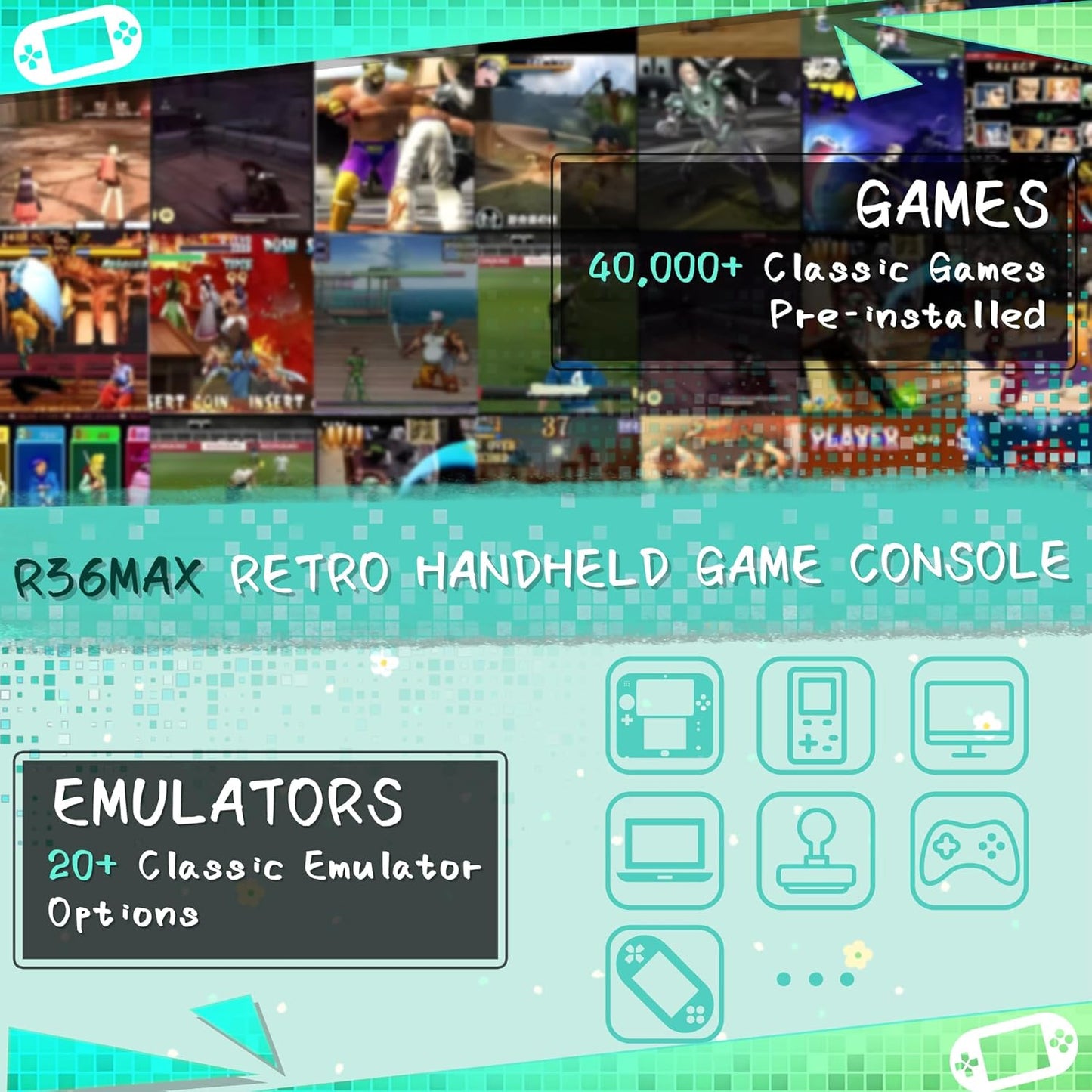 R36MAX Handheld Game Console, 40000+ Games Retro Gaming Console, 256GB TF Card Mini Retro Video Console, 4000mAh Rechargeable 4.0" IPS HD Screen Portable Pocket Arcade (Transparent Blue)