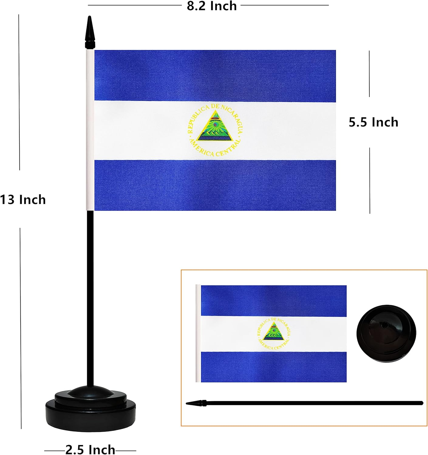 12 Pack Nicaragua Desk Flags Set, Nicaraguan Small Mini Table Office Flags with 12" Solid Black Pole, 8.2 x 5.5 Inches, Home and Office Decoration, Festival Celebrations