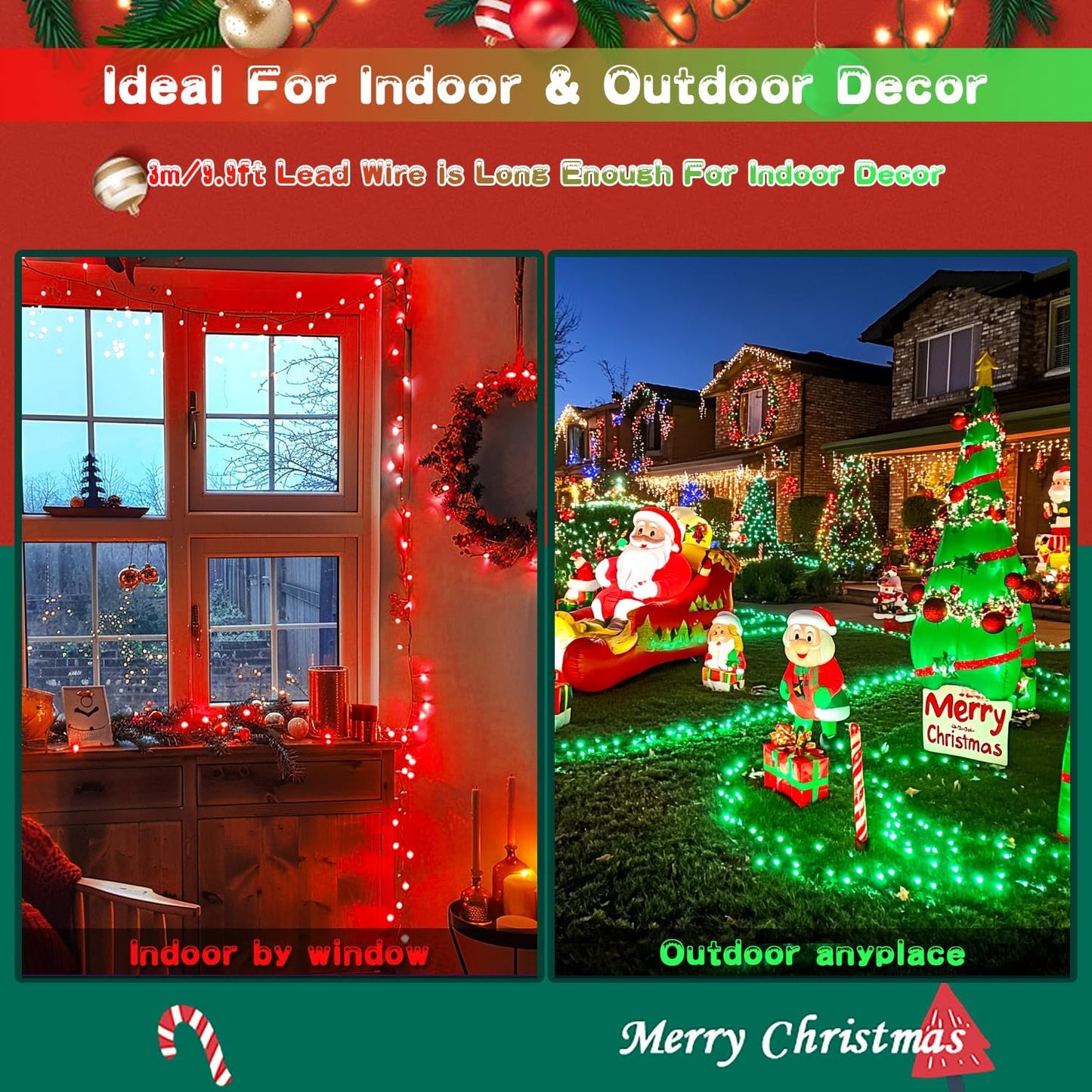 JMEXSUSS Red and Green Solar Christmas Lights Outdoor Waterproof, 2 Pack 100 Led 33ft Color Changing Solar String Lights for Christmas Tree Decor