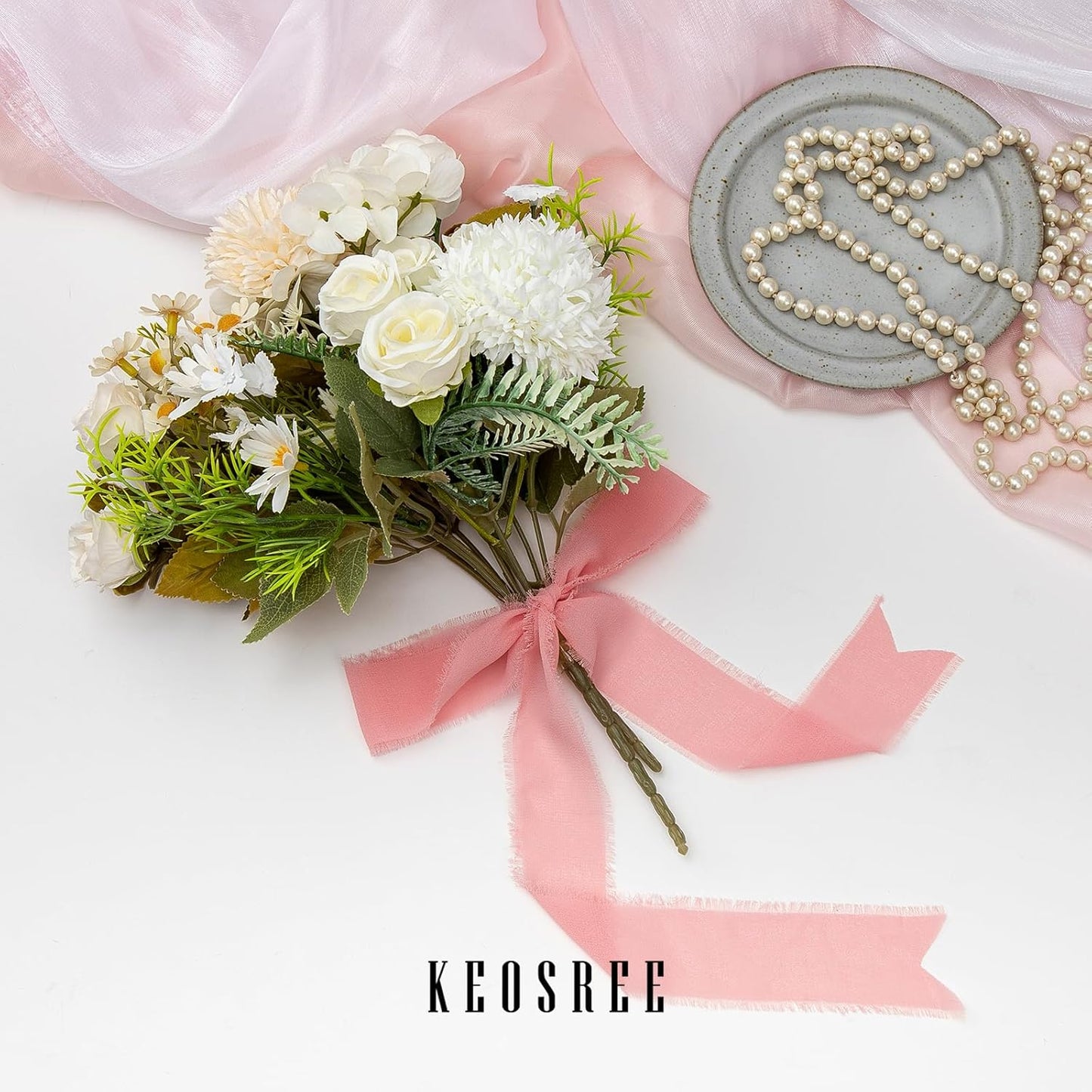 3 Rolls Blush Pink Handmade Chiffon Ribbon,1.5" x 21Yd Frayed Fringe Silk Ribbons (3 Rolls *7Yd) for Gifts Wrapping, Wedding Invitations, Bridal Bouquets, Decorations