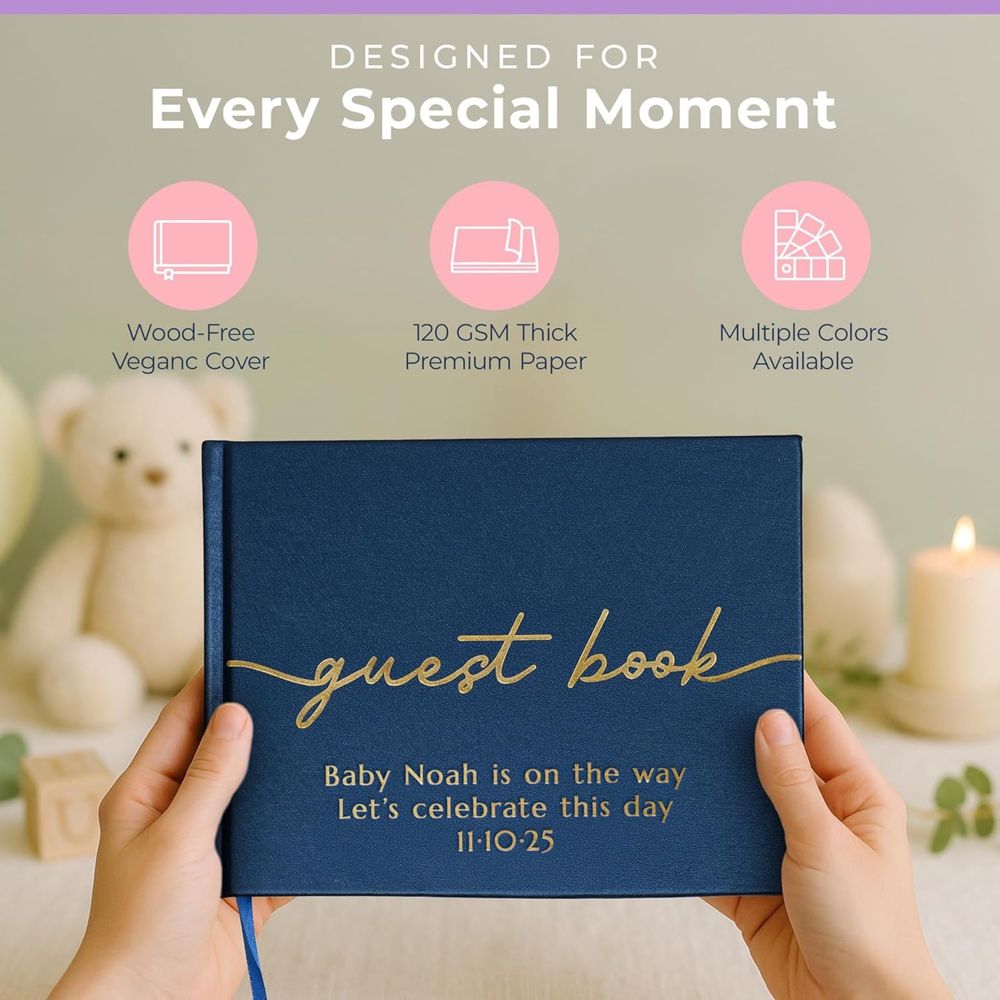 Promot Personalized Guestbook for Party (Sapphire Blue) - 110 Lined Pages in Wood-Free Vegan Leather Hard Cover - Wedding Guest Book Sign in and Photos, Baby Shower, Birthday or Graduation