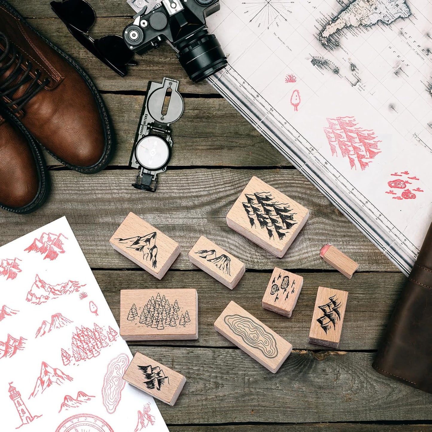 Marspark 24 Pcs Compass Mountains Stamp Combo Map Making Rubber Stamp Kit Compass Outdoor Scenery Stamps for RPG Adventures, Storytelling, and Creative Projects