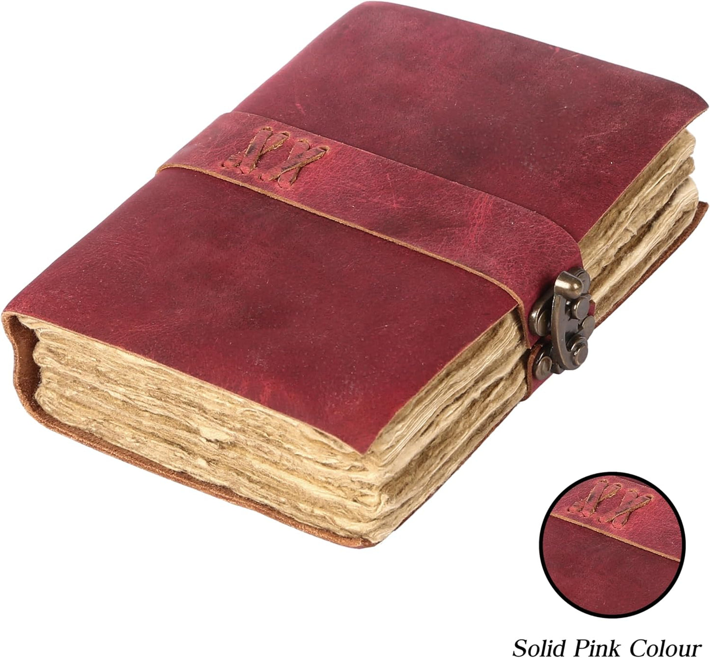 Vintage Leather Journal Handmade Buffalo Non-Refillable Deckle Edge Paper – Leather Bound Journal for Women, Men C-Lock Closure, Ideal for Writing & Travel for Artists (Solid Pink)
