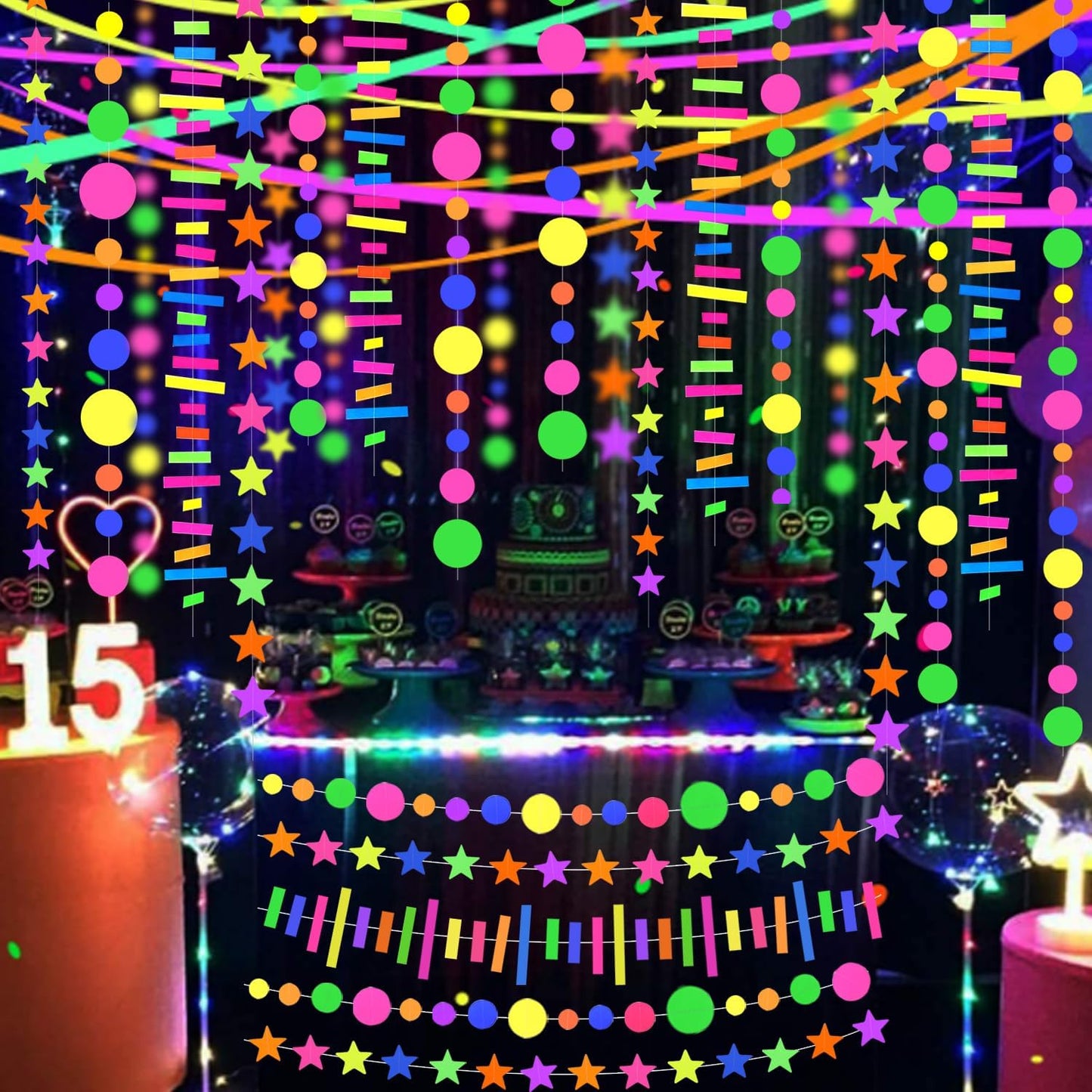 120feet UV Round Dot Paper Neon Garland Neon Streamers Decorations UV Reactive Black Light Party Favors Glow in The Dark Party Supplies for Wedding Birthday Garlands