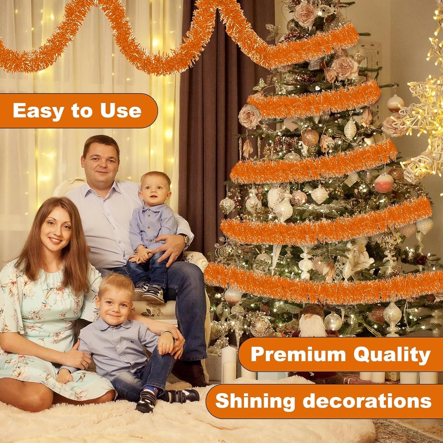 50 Feet Macaron Orange Christmas Tinsel Garland, Metallic Foil Twist Banner Wall Hanging Tinsel Streamers Backdrop for Parade Floats, Christmas, Mother's Day, Birthday Party Decorations(2in x 50ft)