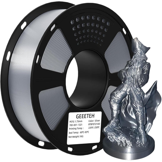 Geeetech PETG Filament 1.75mm, 1 KG (2.2lbs) Spool 3D Printer Filament, High-Toughness, ±0.02mm Accuracy, Neatly Wound & Moistureproof, Non-Clogging Non-Stringing, Fits Most FDM Printers, Silver