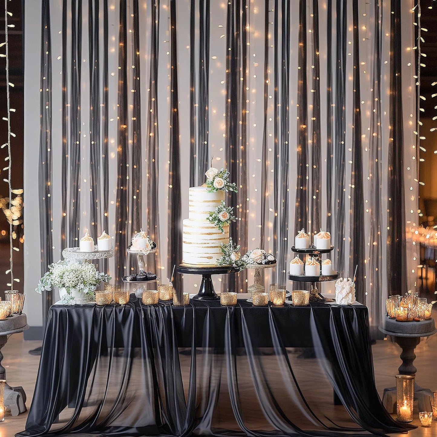 20×10ft Black Tulle Backdrop Curtain with Lights String for Parties, Sheer Photo Backdrop Curtains for Wedding Party Photography Background