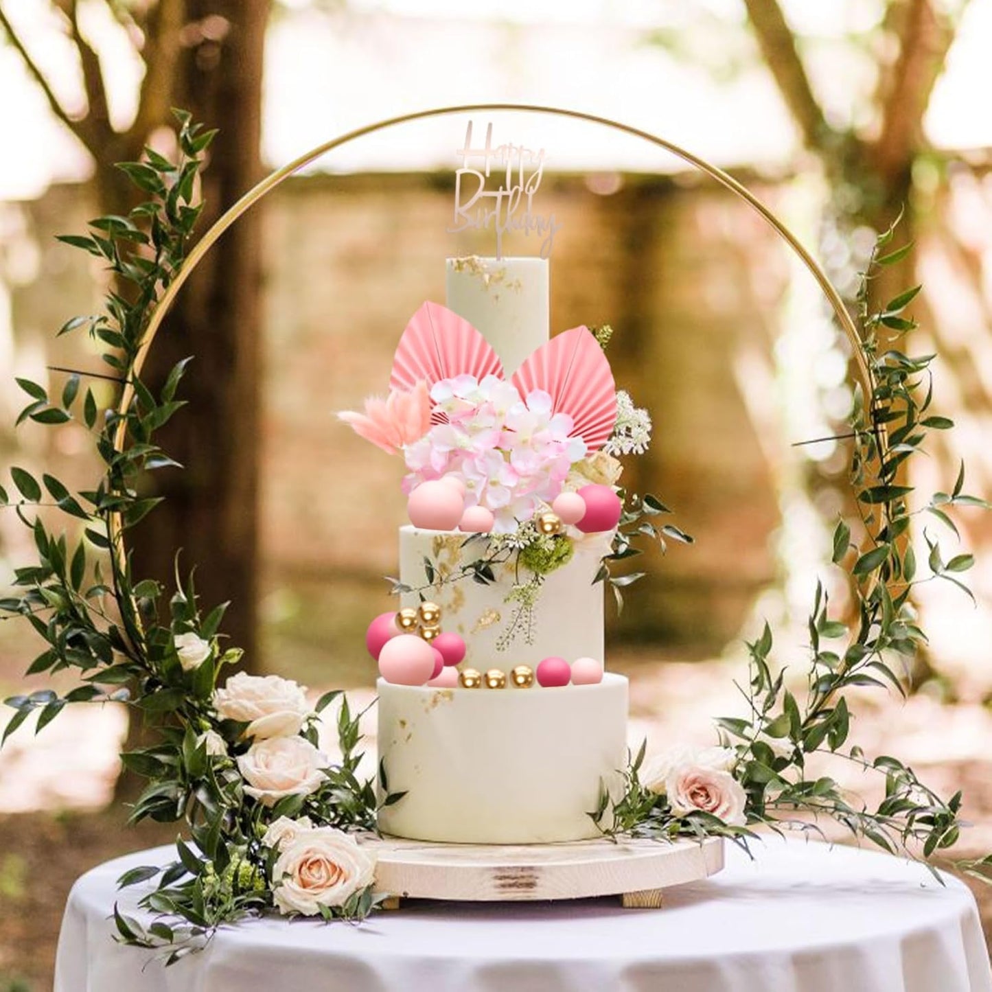 Gyufise 29Pcs Rose Red Artificial Flower Cake Decorations Acrylic Happy Birthday Cake Topper Balloon Cake Toppers Palm Fan Cake Picks for DIY Wedding Birthday Valentine's Day Party Supplies