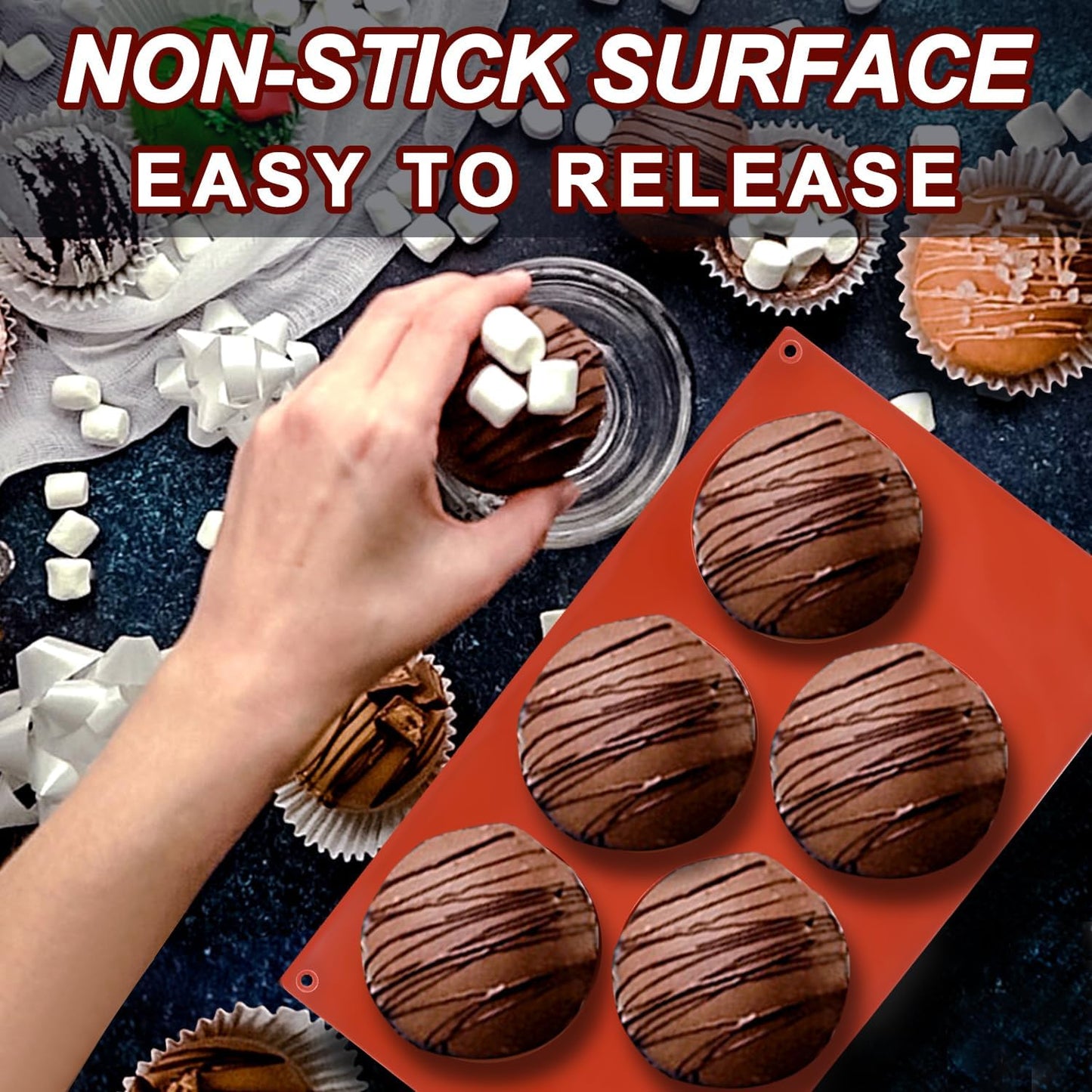 3 Pack Extra Large 5-Cavity Semi Sphere Silicone Molds, Half Sphere Baking Mold Non-Stick for Making Big Size Hot Chocolate Bomb, Jelly, Cake, Dome Mousse