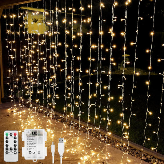 LE Fairy Curtain Lights Battery Operated & USB Plug in, Remote 10 x 10 ft Hanging String Lights for Bedroom Wall, 300 LED Indoor Outdoor Twinkle Lights for Wedding Party Backdrop Tent, Patio, Gazebo