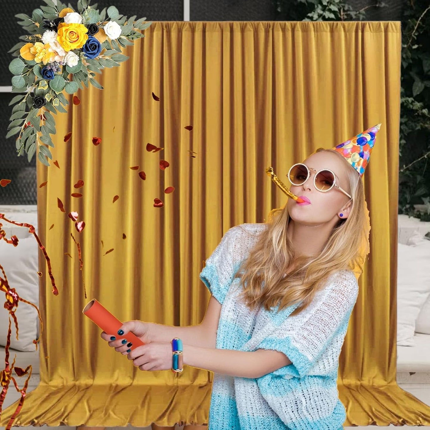 10 x 7 Feet Gold Backdrop Curtain for Partie, Background Curtains for Photoshoot, Birthday, Wedding, Halloween, Thanksgiving, Christmas, New Year Party Decoration 5Ft x 7Ft, 2 Panels