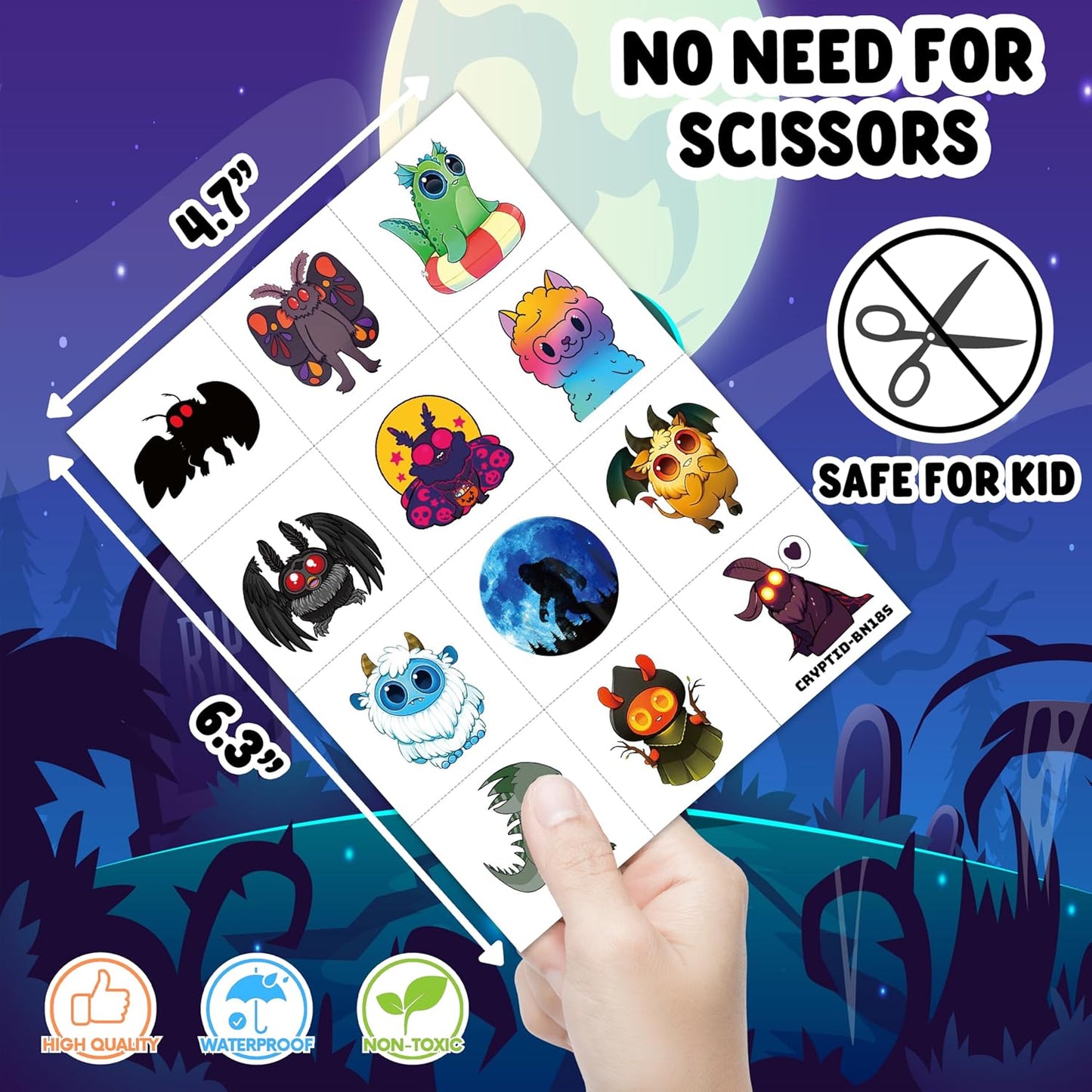 96PCS Cute Cryptid Temporary Tattoos Themed Halloween Birthday Party Decorations Supplies Favors Decor Cool Alien Bigfoot Mothman Yeti Tattoo Stickers Gifts For Kids Boys Girls School Prizes Carnival
