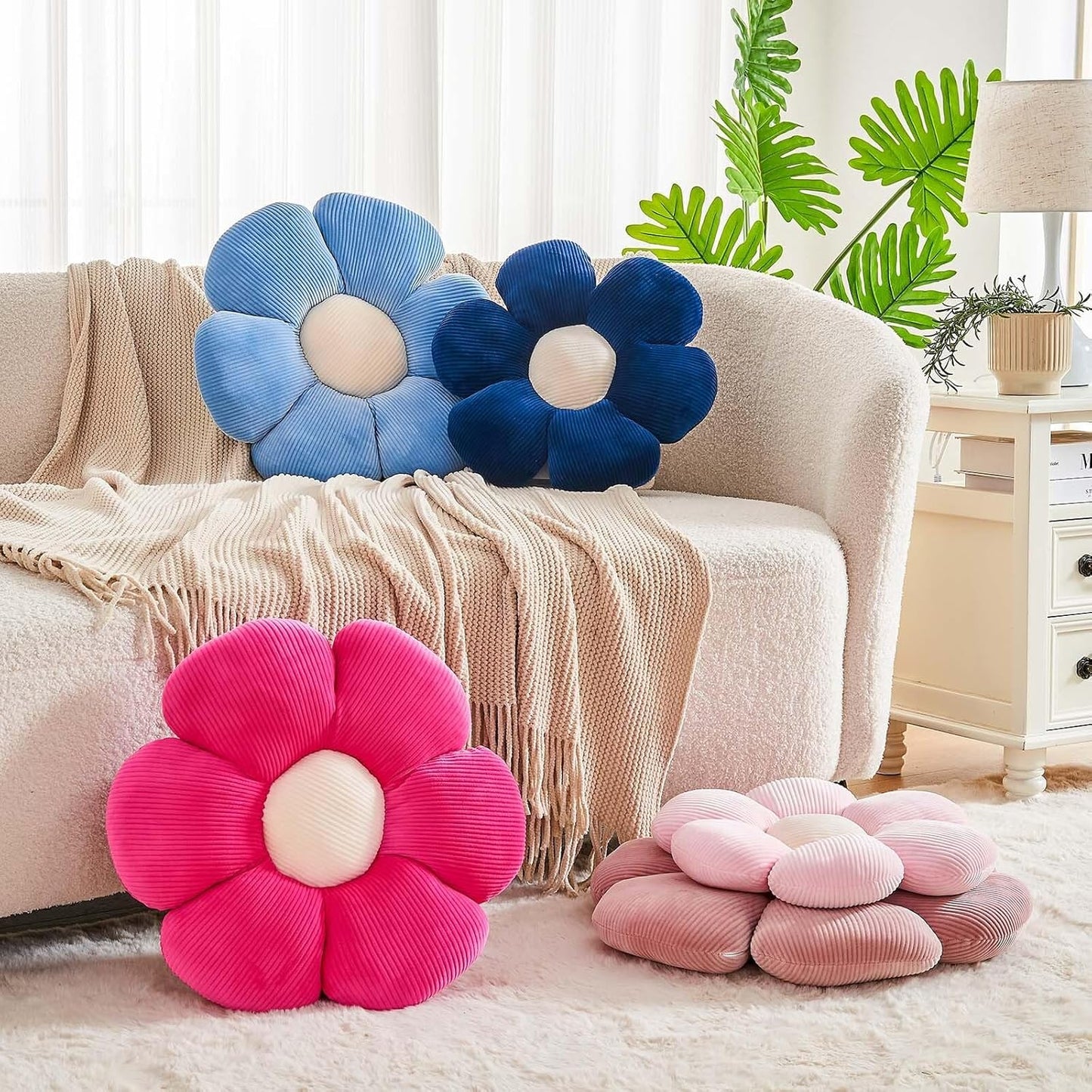 Hot Pink Flower Pillow, 17.7" Cute Flower Shaped Floor Pillow, Aesthetic Floral Plush Daisy Decorative Throw Pillows for Bed Sofa Couch