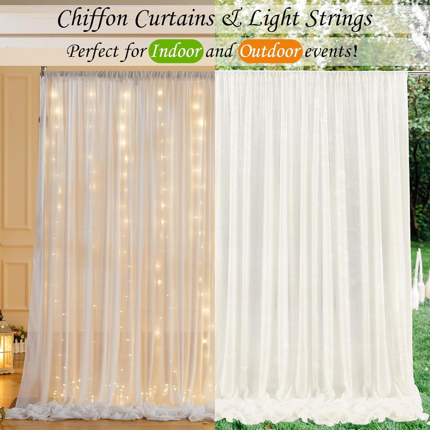 10ft x 10ft Cream White Chiffon Backdrop Curtain with Lights String for Parites Wedding Wrinkle Free Curtain Photo Backdrops Drapes for Baby Shower Birthday Party Home Decorations