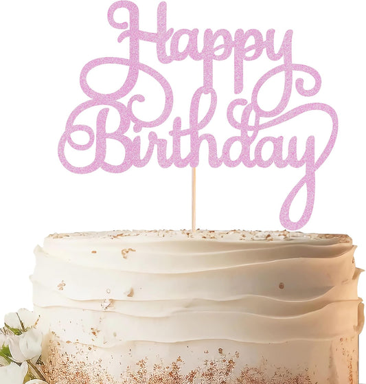 Happy Birthday Cake Topper - Pink Glitter Birthday Party Cake Decoration Supplies - Happy Birthday Cake Decor, for Anniversary/Birthday Party Supplies Photo Booth Props