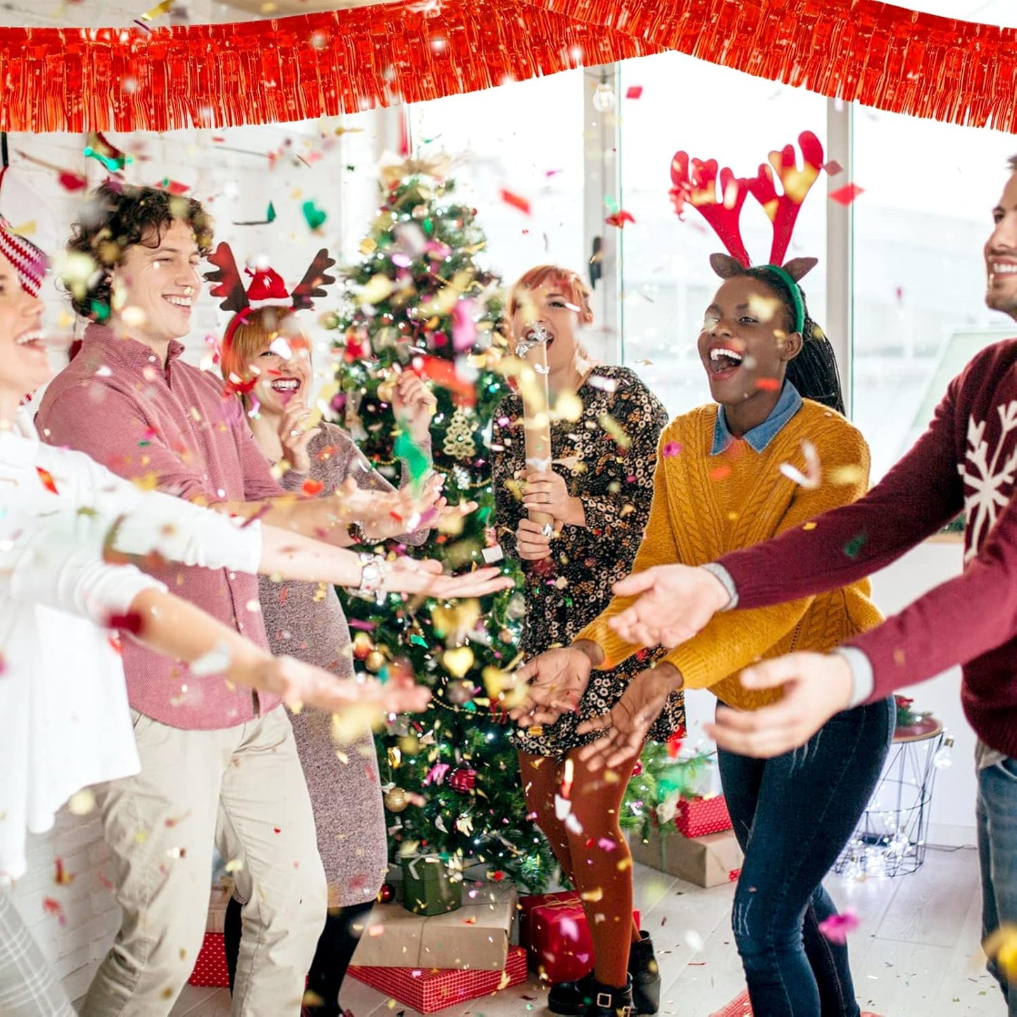 6 Pack 10 Feet Red Foil Fringe Garland Metallic Tinsel Streamers Banner Wall Hanging Curtain Backdrop Banner for Parade Floats, Thanksgiving, Christmas, Birthday, Halloween Party Decorations