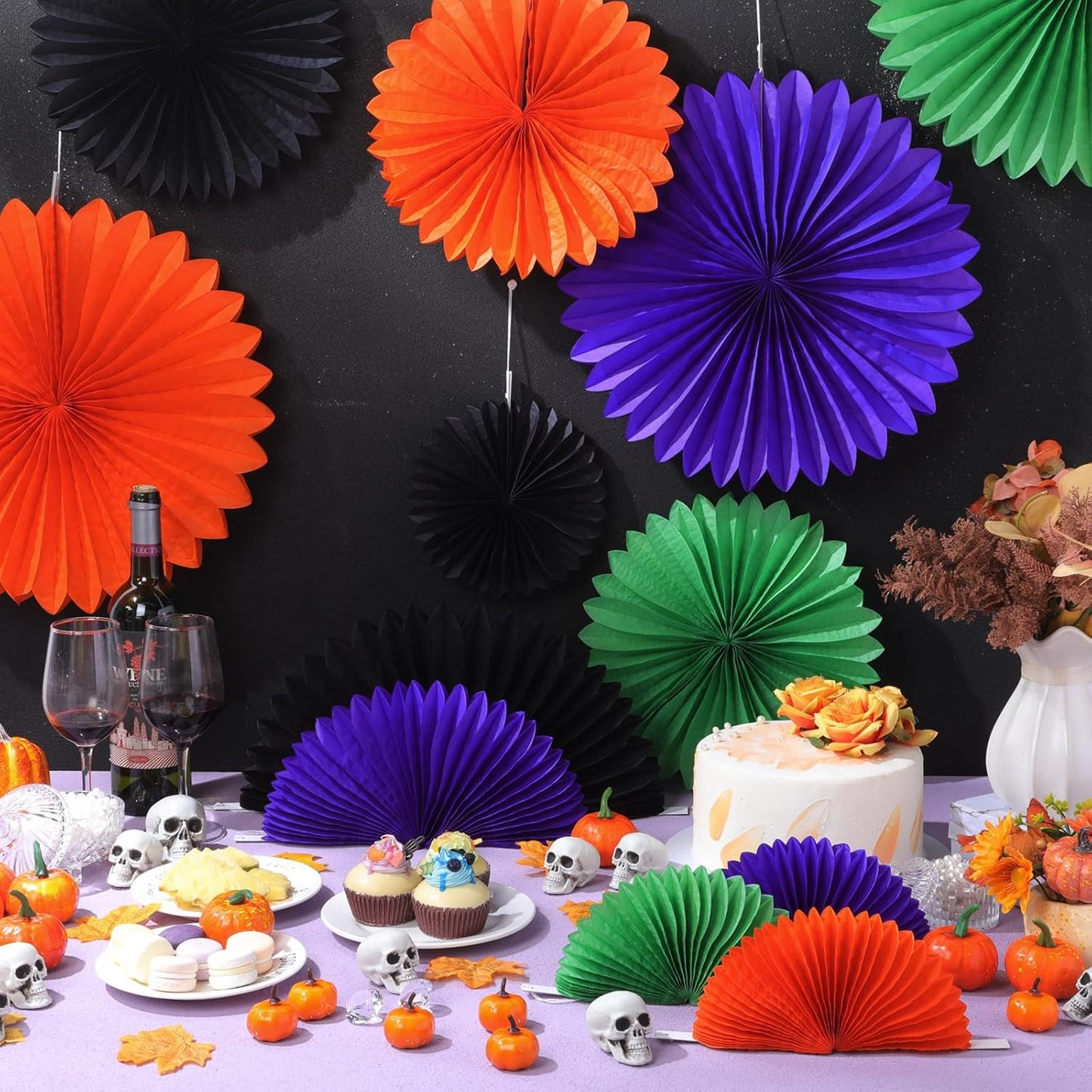 MotiMind 24 Pcs Halloween Paper Fans Party Decorations Black Orange Purple Green Hanging Honeycomb Ceiling Wall Decor Background Decoration for Birthday Wedding Baby Bridal Shower Engagement