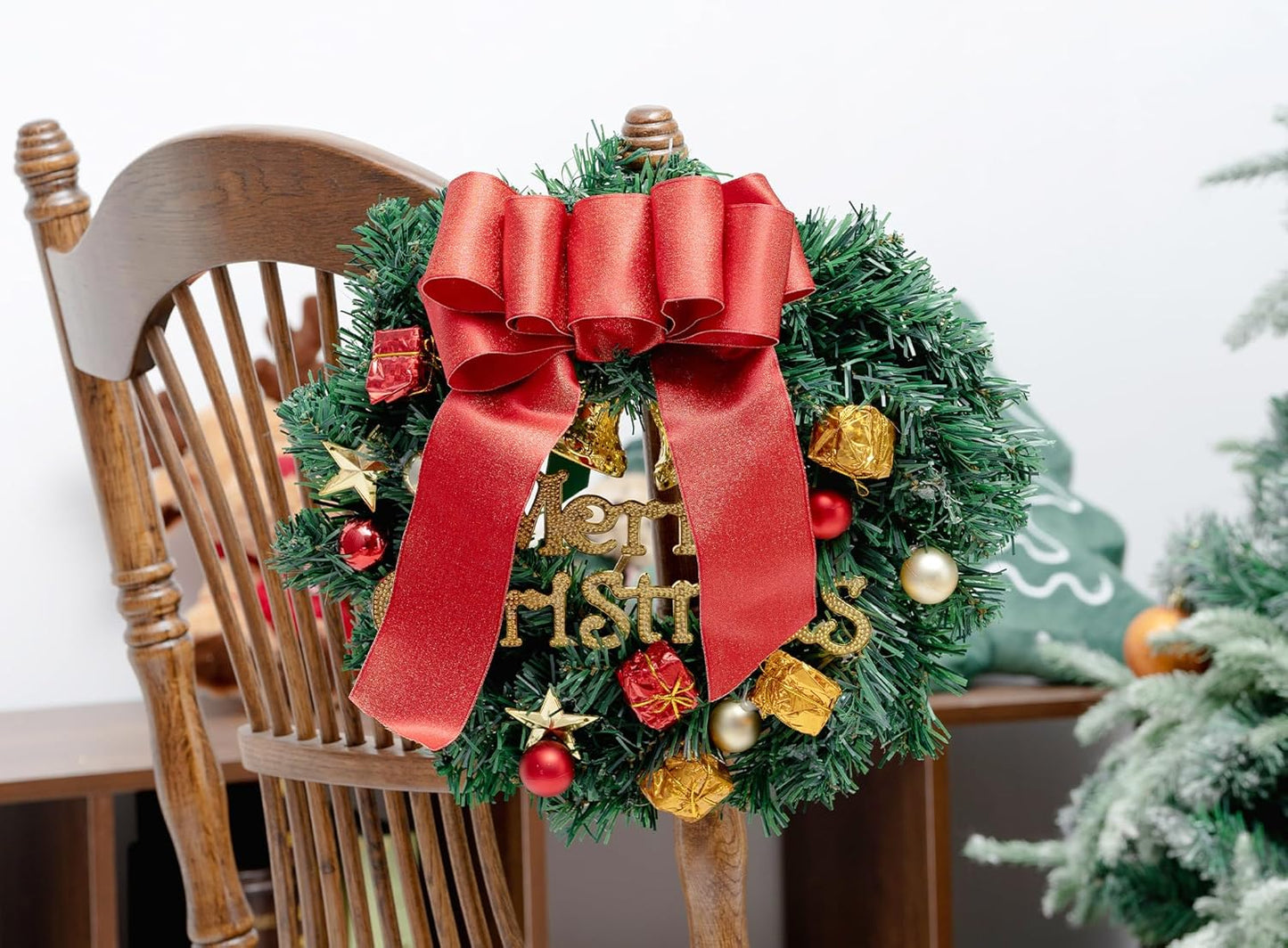 Christmas Ribbon Wired Red Satin Ribbons 2-1/2 Inch Double-Faced Gold Glitter for Tree Decoration, Wreath, Gift Wrapping, Home Decor 10 Yards