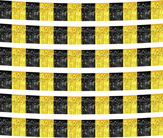 6 Pack 10 Feet Black Gold Foil Fringe Garland Metallic Tinsel Streamers Banner Wall Hanging Curtain Backdrop Banner for Parade Floats, Thanksgiving, Christmas, Birthday, Halloween Party Decorations
