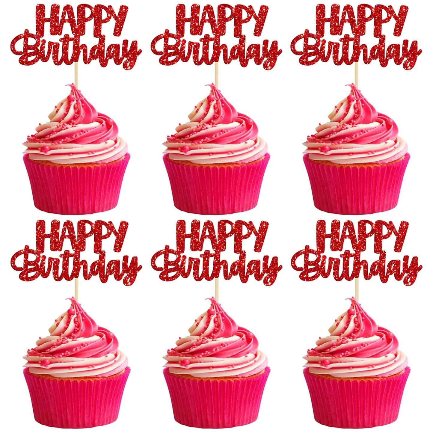 Gyufise 24pcs Happy Birthday Cupcake Toppers - Glitter Cupcake Food Picks for Celebrating Theme Party Cake Decorations - Red