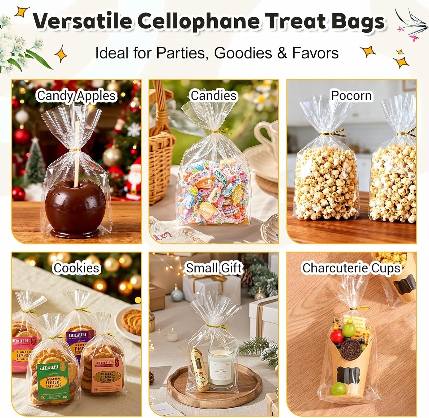 PigPotParty Cellophane Treat Bags 7"x10", 50 Pack Clear Goodie Bags, 3.2" Bottom Gusset for Stand-Up Display, Small Plastic Gift Wrap for Cookies, Candy, Party Favors, Popcorn, Includes 50 Gold Ties