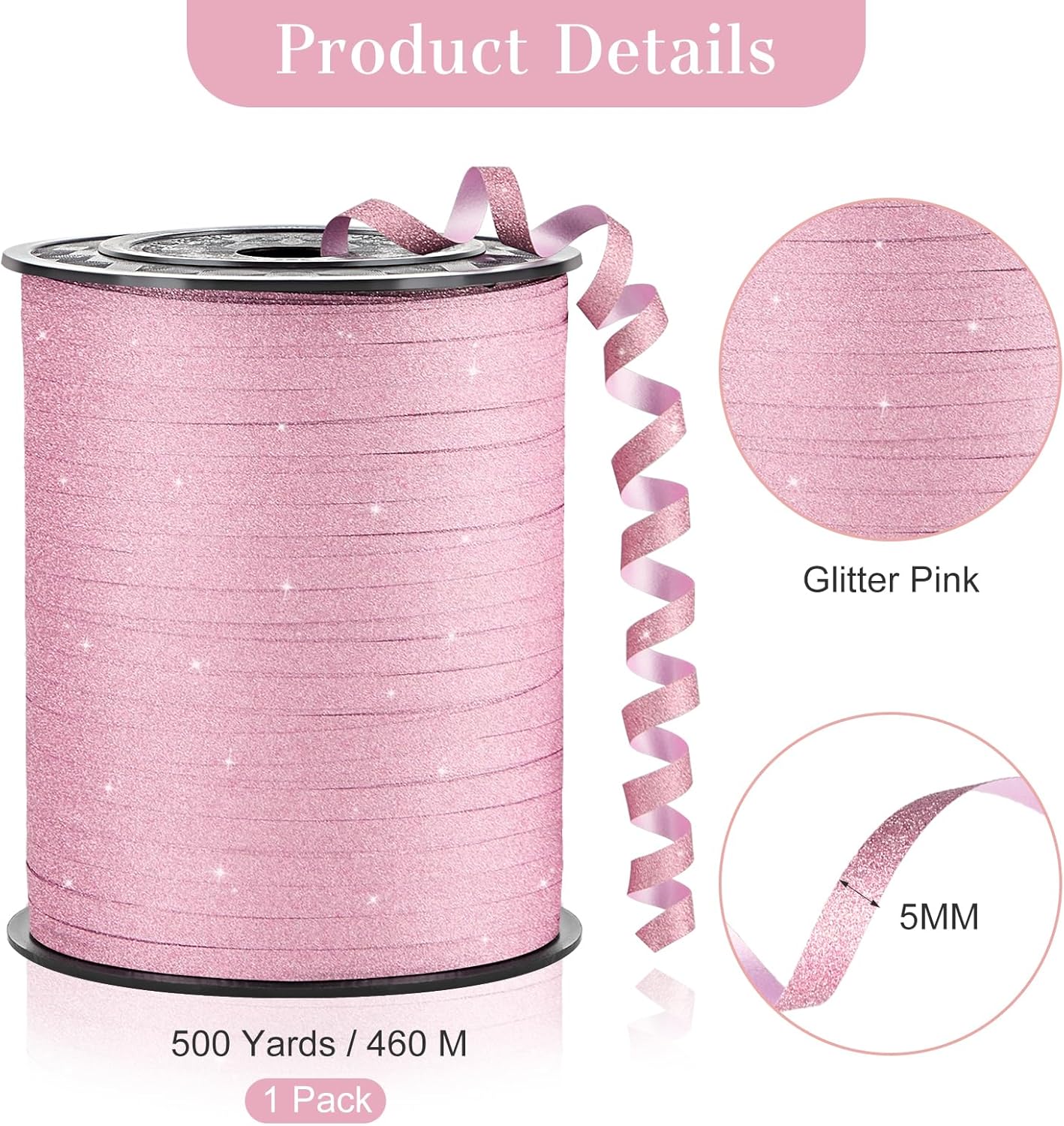 500 Yards Glitter Pink Curling Ribbon-Balloon String-Balloon Ribbon Roll for Party Decoration, Gift Wrapping, Wedding, Art Crafts, Florist Flower