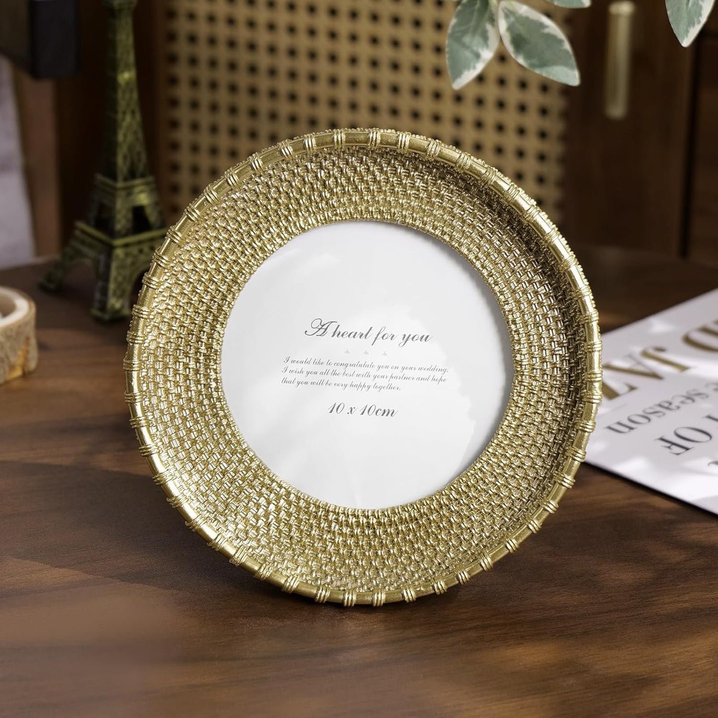 Cuspin Round Picture Frame 4x4 Vintage Gold Frames, Rattan Textured Hand-Crafted Photo Frame with Glass Front, Antique Picture Frame for Tabletop Display & Wall Display, Retro Design Home Decor