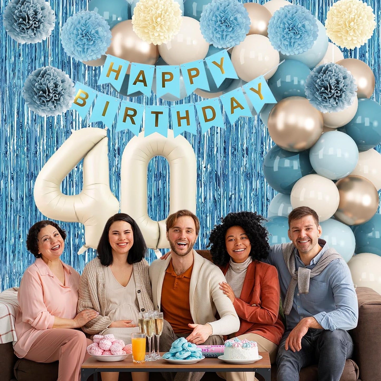 Dusty Blue 40th Birthday Party Decorations for Women Men Beige Cream Number 40 Balloon with Blue Gold Happy Birthday Banner Fringe Curtain Paper Pom Poms Nude White Sand Champagne Star Foil Balloons