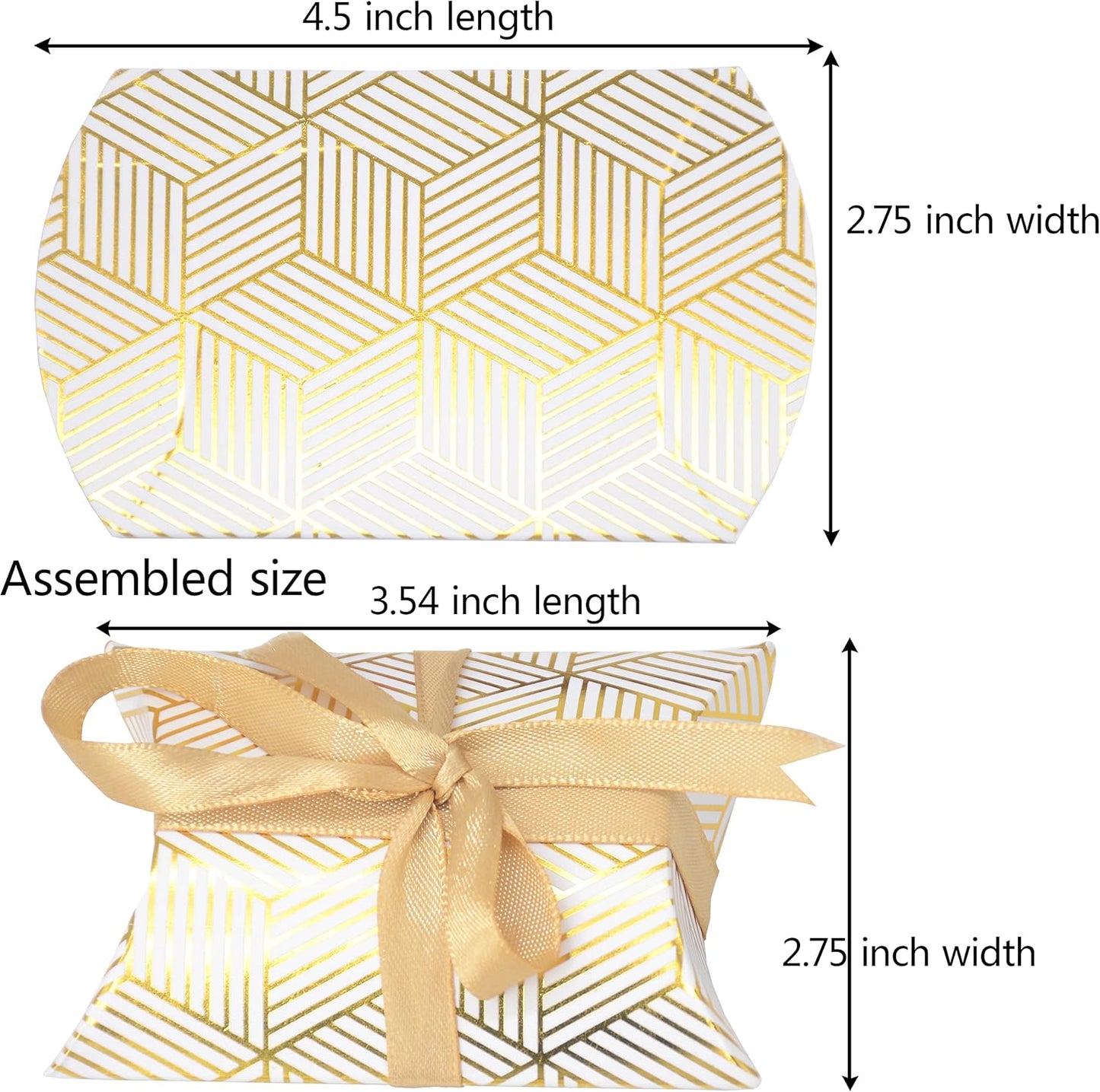 Aokbean 100 Pack Mini Pillow Candy Box Small Gift Boxes with 50 Yards Ribbon for Christmas Wedding Party Favor Gift, Jewelry or Soap Packaging (Gold Stripes)