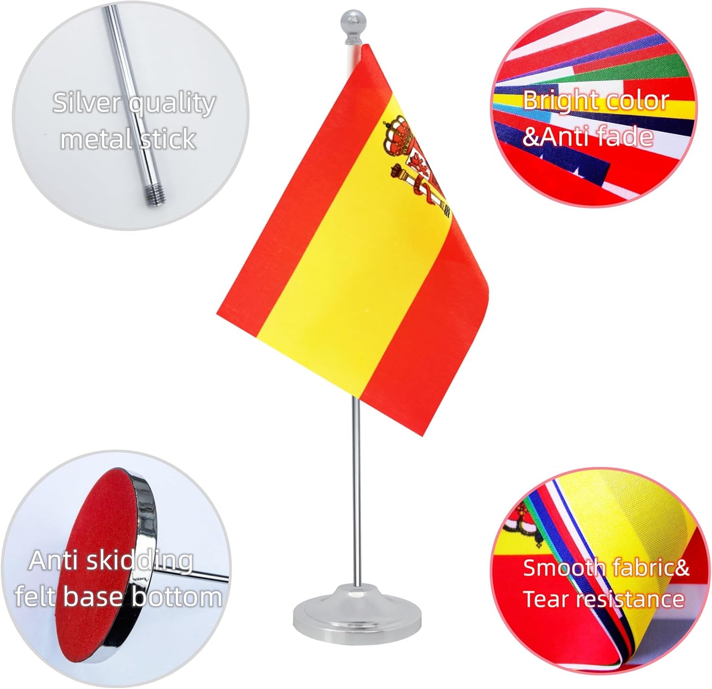 Spain Desk Flag, Spanish Table Office Flag with Metal Pole and Stand Base, International Country Flags, Festival Event Celebration, Classroom Meeting Desktop Decor (Spain)