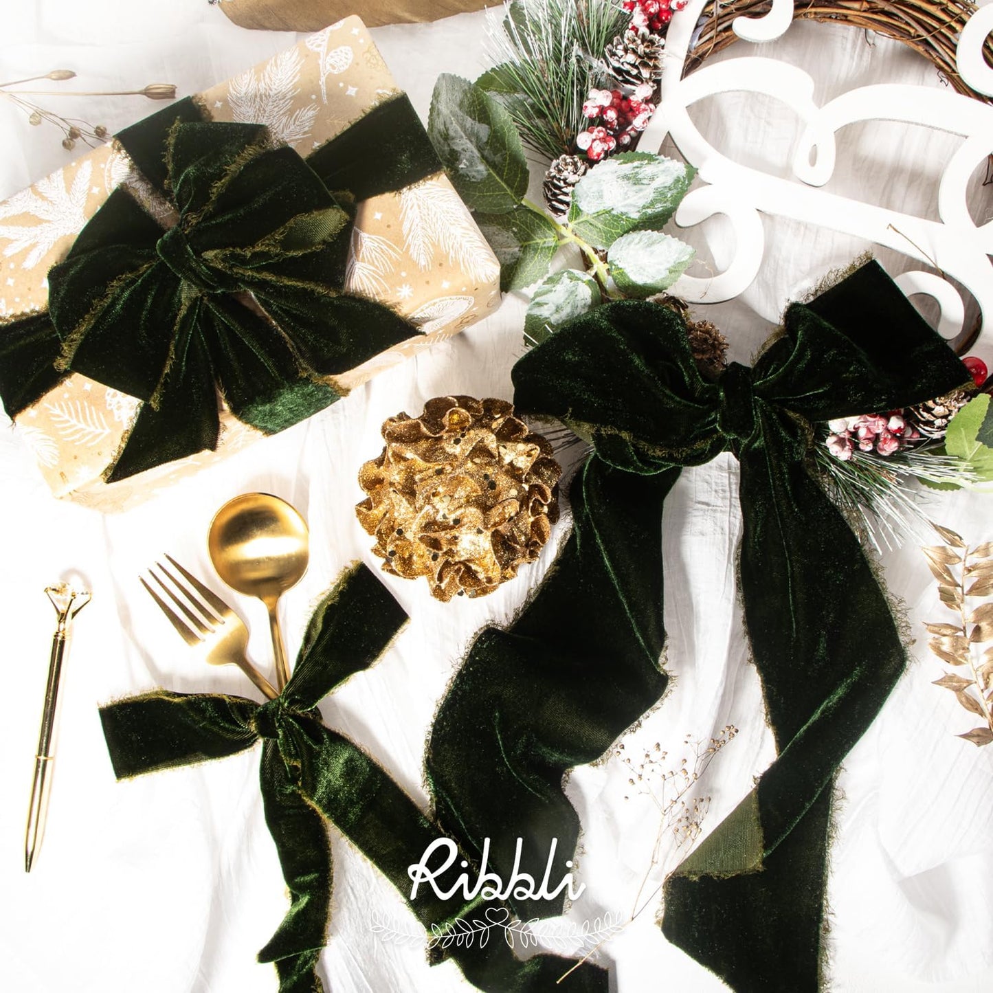 Ribbli Dark Moss Velvet Ribbon 1.5 Inch Handmade Frayed Vintage Christmas Ribbon for Gift Wrapping Christmas Tree Ornament Wreath Craft Home Decor -Total 3 Yards with Wooden Spool