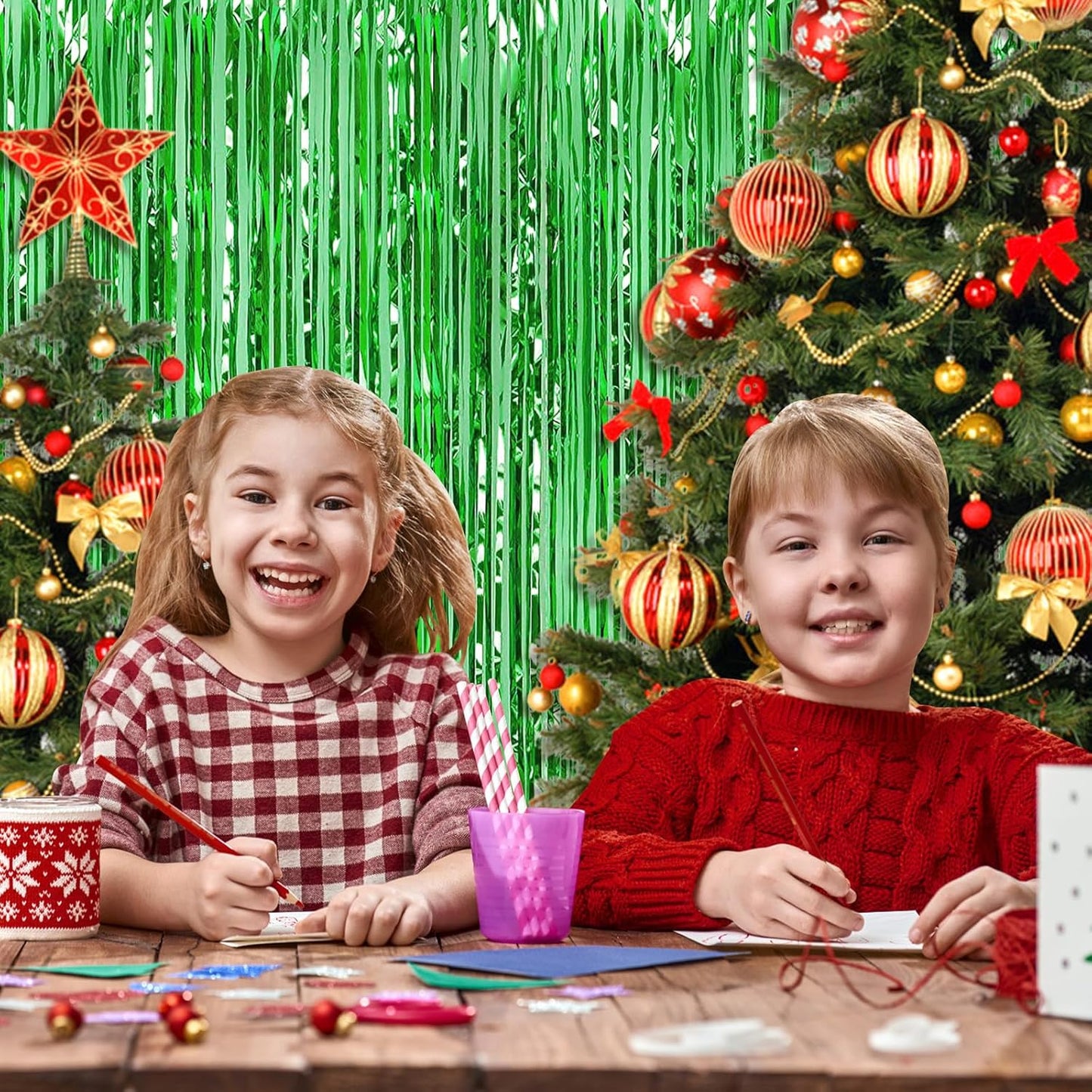 10 Pack Green Foil Curtain Backdrop 3.2ft x 9.8ft Metallic Tinsel Foil Fringe Curtains Streamer Photo Booth Backdrop for Birthday Party Engagement Bachelorette Party Decorations (Green)