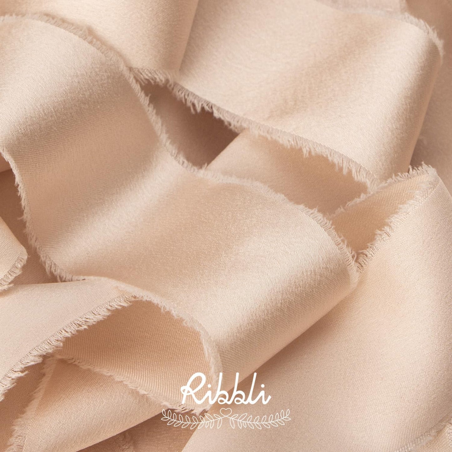 Ribbli Light Champagne Silk Satin Ribbon 1.5 Inch x 12 Yard Handmade Frayed Chiffon Ribbon with Wooden Spool for Gift Wrapping, Wedding Invitations, Bridal Bouquets, Home Decor