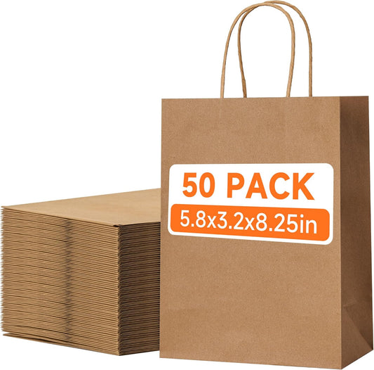 50 Pack Small Brown Paper Gift Bags with Handles, 5.8"x3.2"x8.25" Kraft Paper Gift Bags for Retail, Birthday Parties, Shopping, Versatile Craft Bags & Goodie Sacks