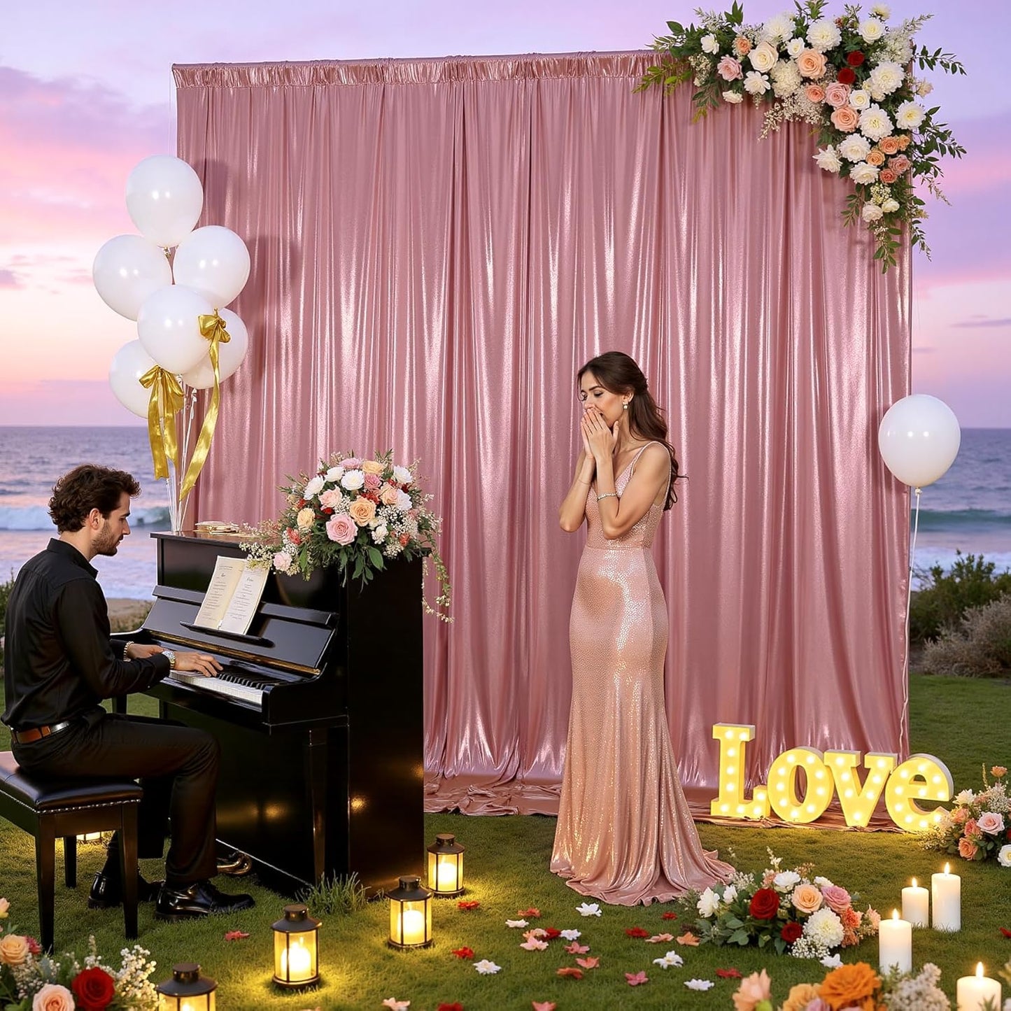 20ftx10ft Rose Gold Sequin Backdrop Curtain Panels for Parties, Wrinkle Free Glitter Photo Backdrop Drapes 4 Panels 5x10FT Shimmer Back Drop Cloth for Wedding Birthday Christmas Photography Background