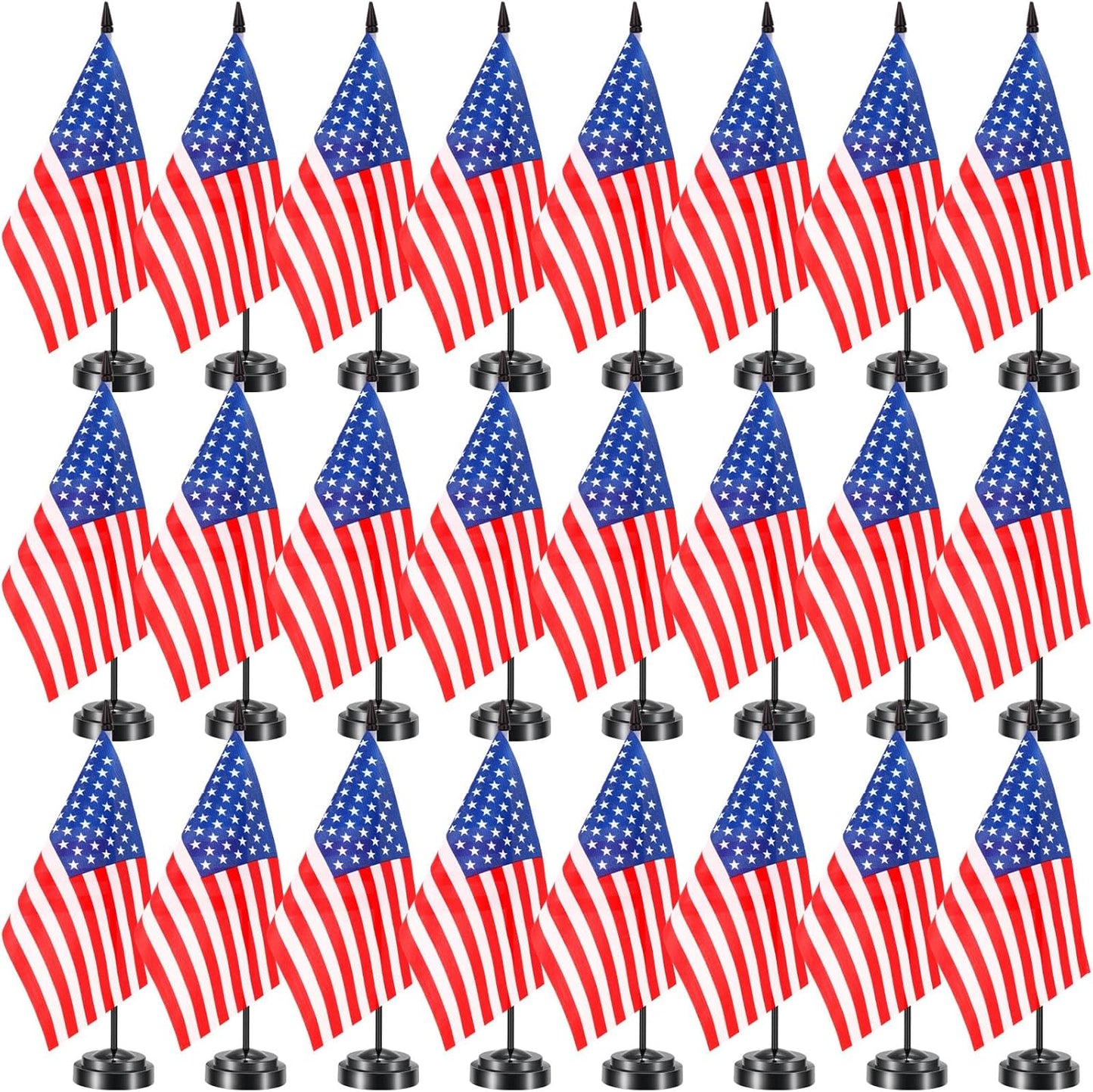 24 Pcs American Desk Flag Set Small USA Flags for Table with 13" Black Pole, Black Base and Spear Top, American Flag for Home Office Party Festival Celebrations Decor