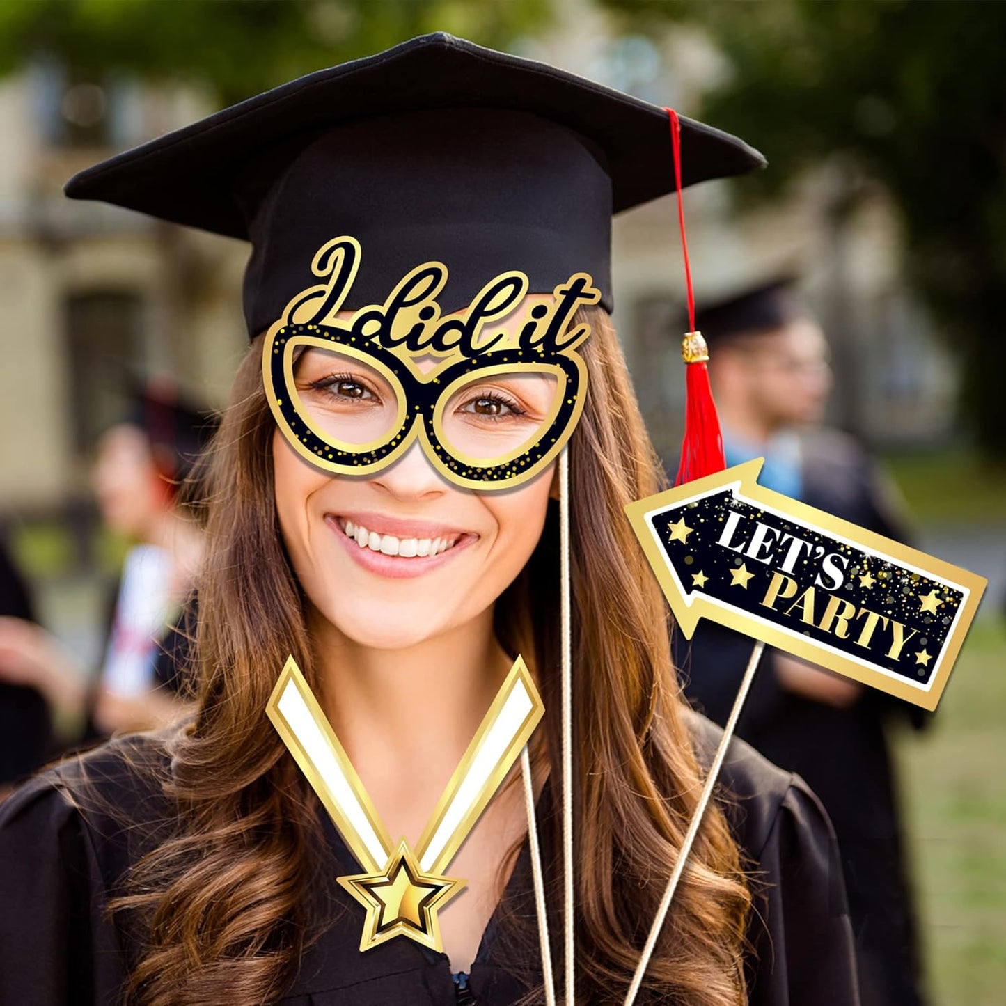 25 Pcs Black and Gold Photo Booth Props, Graduation Theme Decoration Props, Graduation Holiday Party Supplies