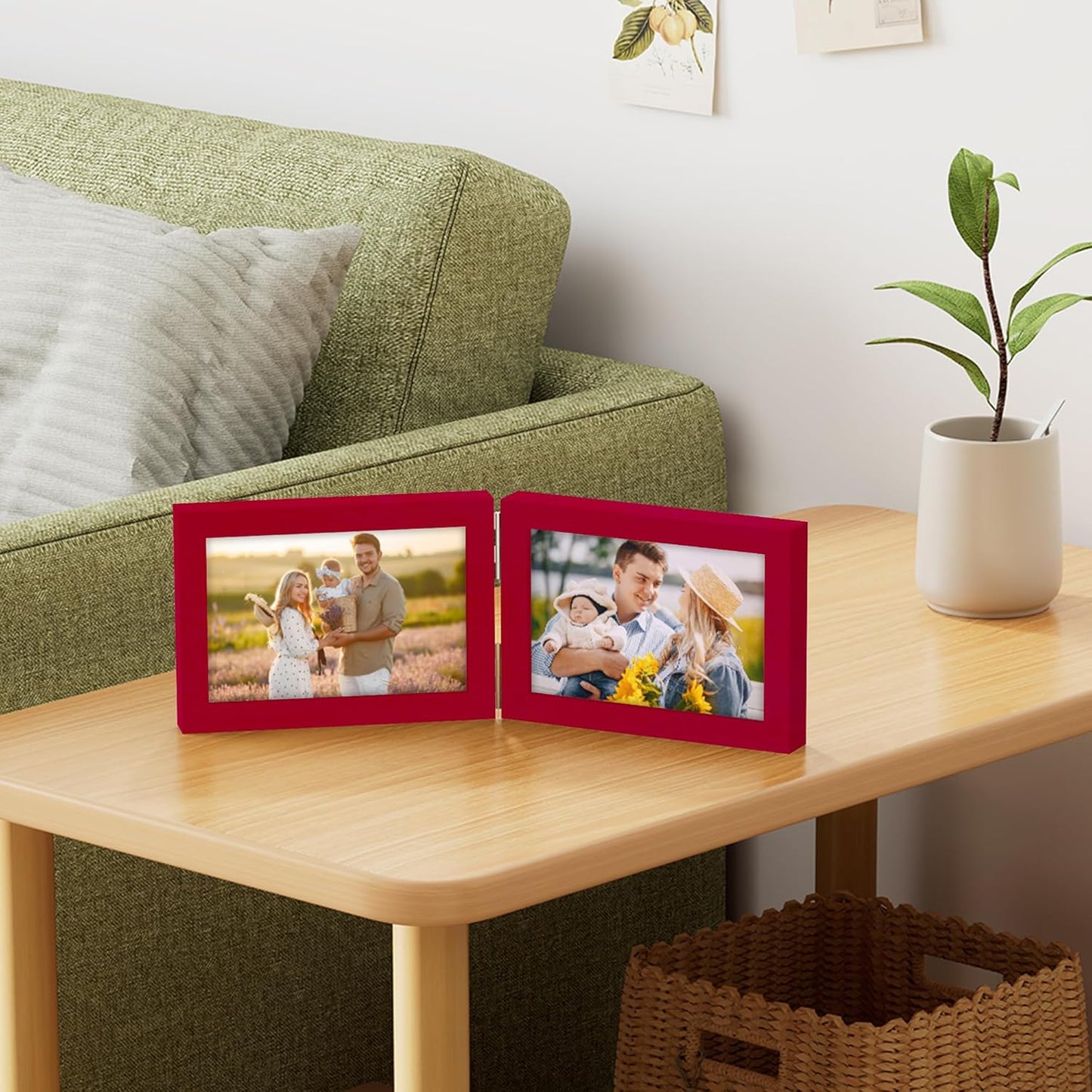 decorUhome Double 6x4 Picture Frame Horizontal, Engineered Wood Bifold Photo Frame with Plexiglass for Tabletop Display, 6x4, Red