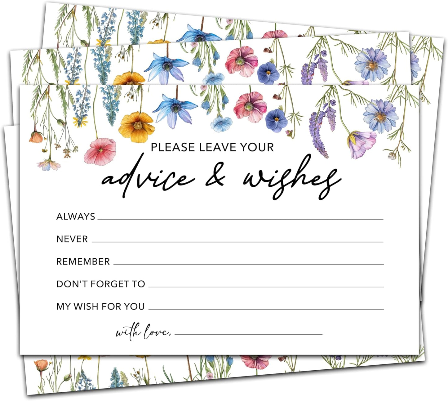 Advice And Wishes Cards (25pcs), Wildflowers Advice Cards For Mr And Mrs, Bride And Groom, New Parents, Bridal Shower, Baby Shower, Engagement, Wedding, Bachelorette Party Games Decor -A05