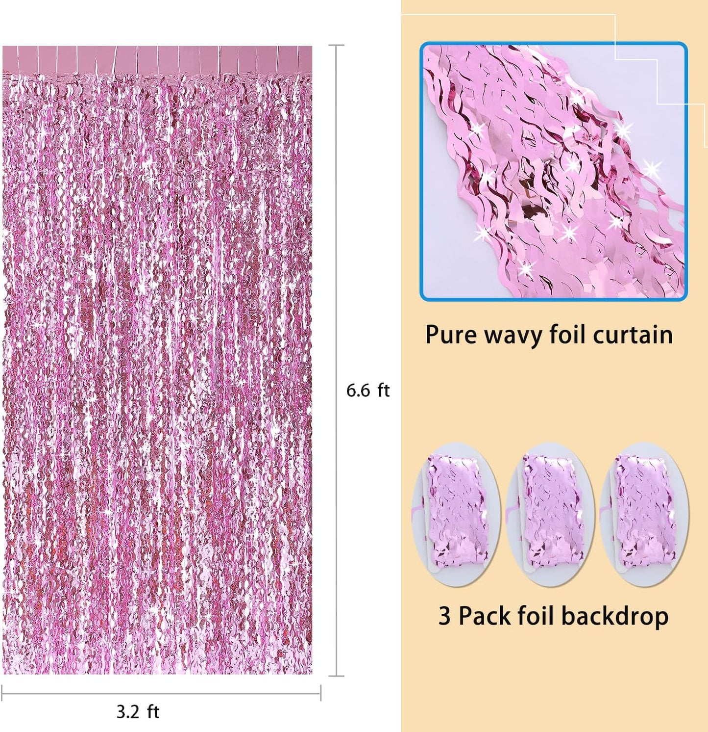 Pink Foil Fringe Curtain - Wavy Fringe Backdrop 3.3 x 6.6 Feet, Pack of 3 | Pink Streamers Party Decorations Birthday Decorations Valentine's Day Decoration Party Supplies