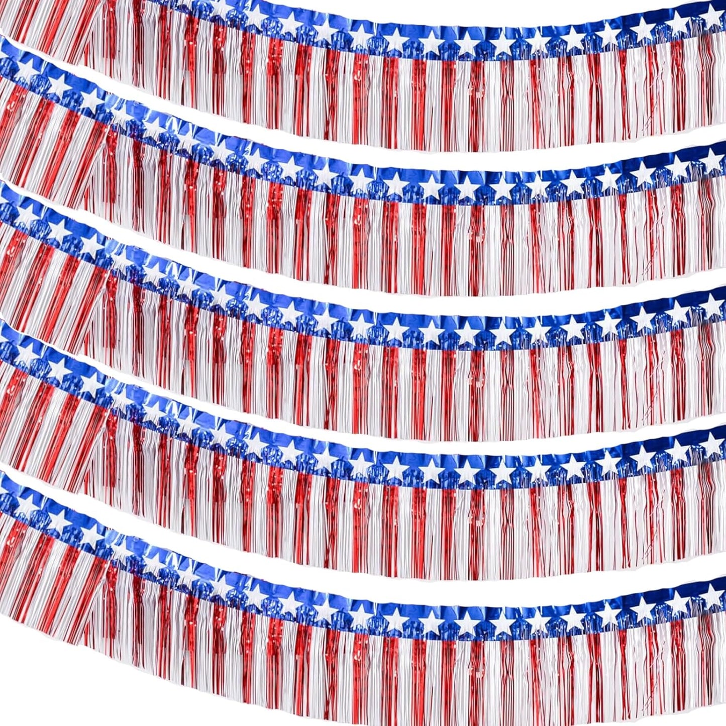 6 Pack 6.6 Feet Red Blue White Foil Fringe Garland Streamers，Red White Blue Star Metallic Hanging Backdrop Banner Table Skirts for 4th of July Decorations Memorial Day Patriotic Party Parade Floats