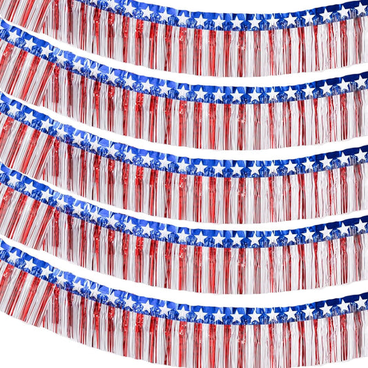 6 Pack 6.6 Feet Red Blue White Foil Fringe Garland Streamers，Red White Blue Star Metallic Hanging Backdrop Banner Table Skirts for 4th of July Decorations Memorial Day Patriotic Party Parade Floats