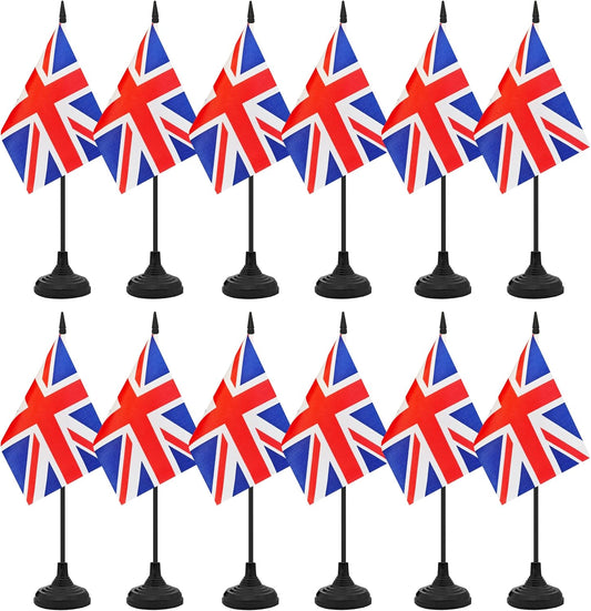 12 Pack UK Desk Flag Set, Britain Table Office Flag, Small Miniature Desktop Flag With Black Pole and Black Base, Classroom, Offices Meeting Desk Decoration (UK)
