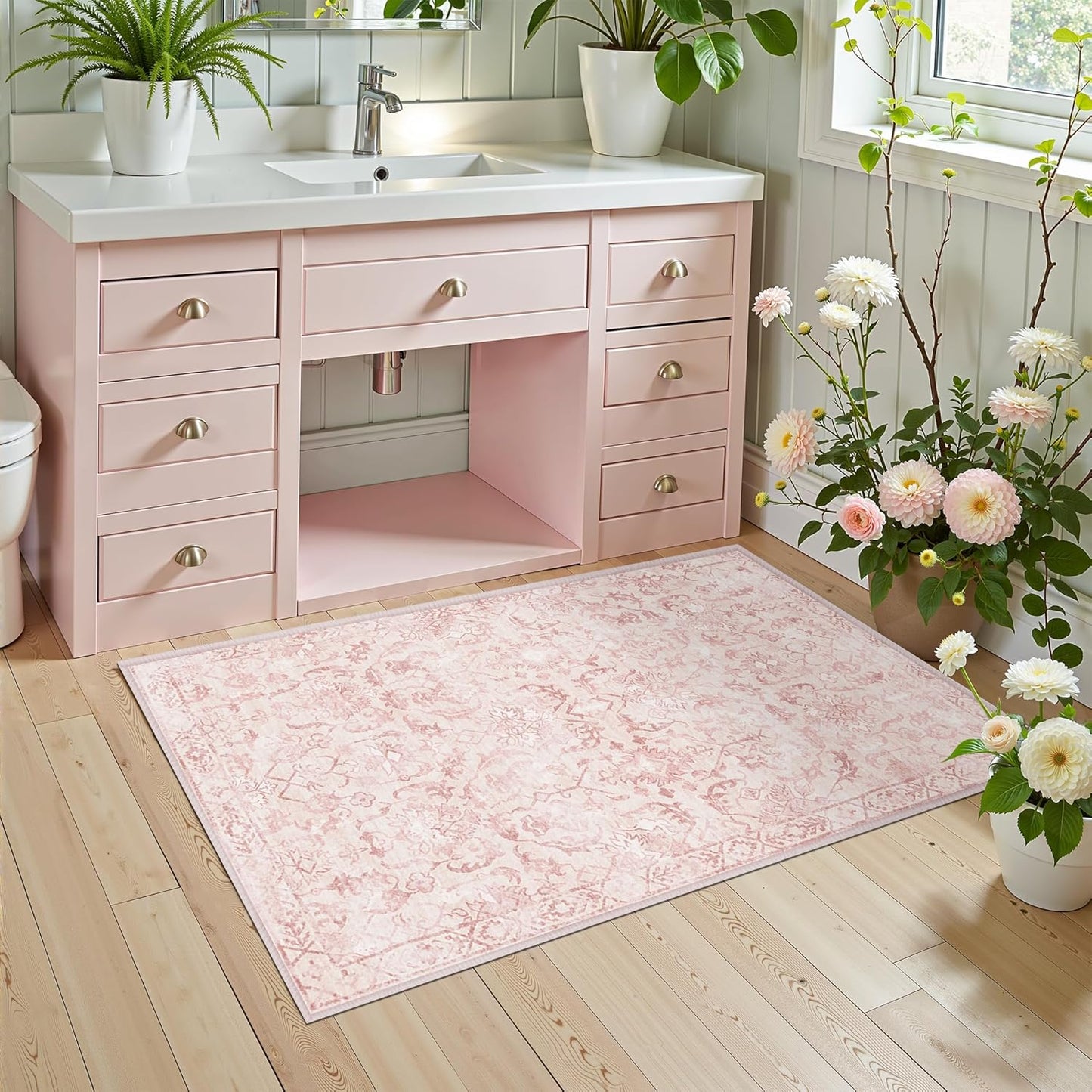 Pink Area Rug 2x3 Entryway Rug for Bedroom Bathroom, Non-Slip Low-Pile Washable Distressed Boho Carpet Retro Accent Doormat for Laundry Room Hallway Kitchen 24x36 Inch