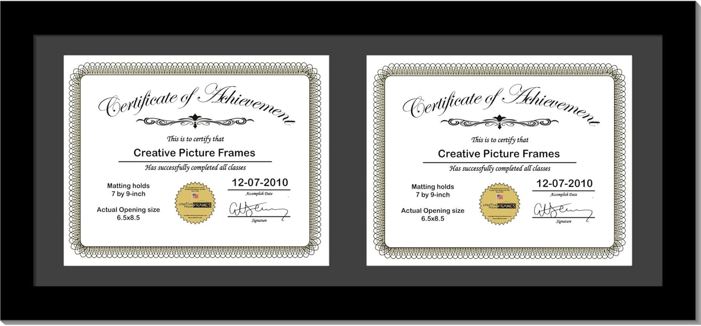 Creative Picture Frames 10X20Bk-B Black Horizontal Double Diploma Frame With 2 Opening Black Matting | Holds 2-7X9-Inch Documents With Installed Wall Hanger