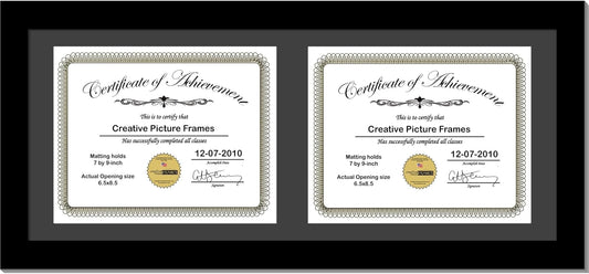 Creative Picture Frames 10X20Bk-B Black Horizontal Double Diploma Frame With 2 Opening Black Matting | Holds 2-7X9-Inch Documents With Installed Wall Hanger