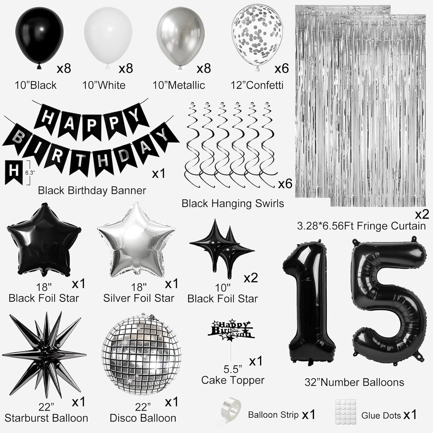 15th Birthday Decorations for Boys Girls, Black Silver Happy Birthday Party Decorations， 15 Year Old Party Supplies with Number 15 Balloons, Banner, Fringe Curtains Kit